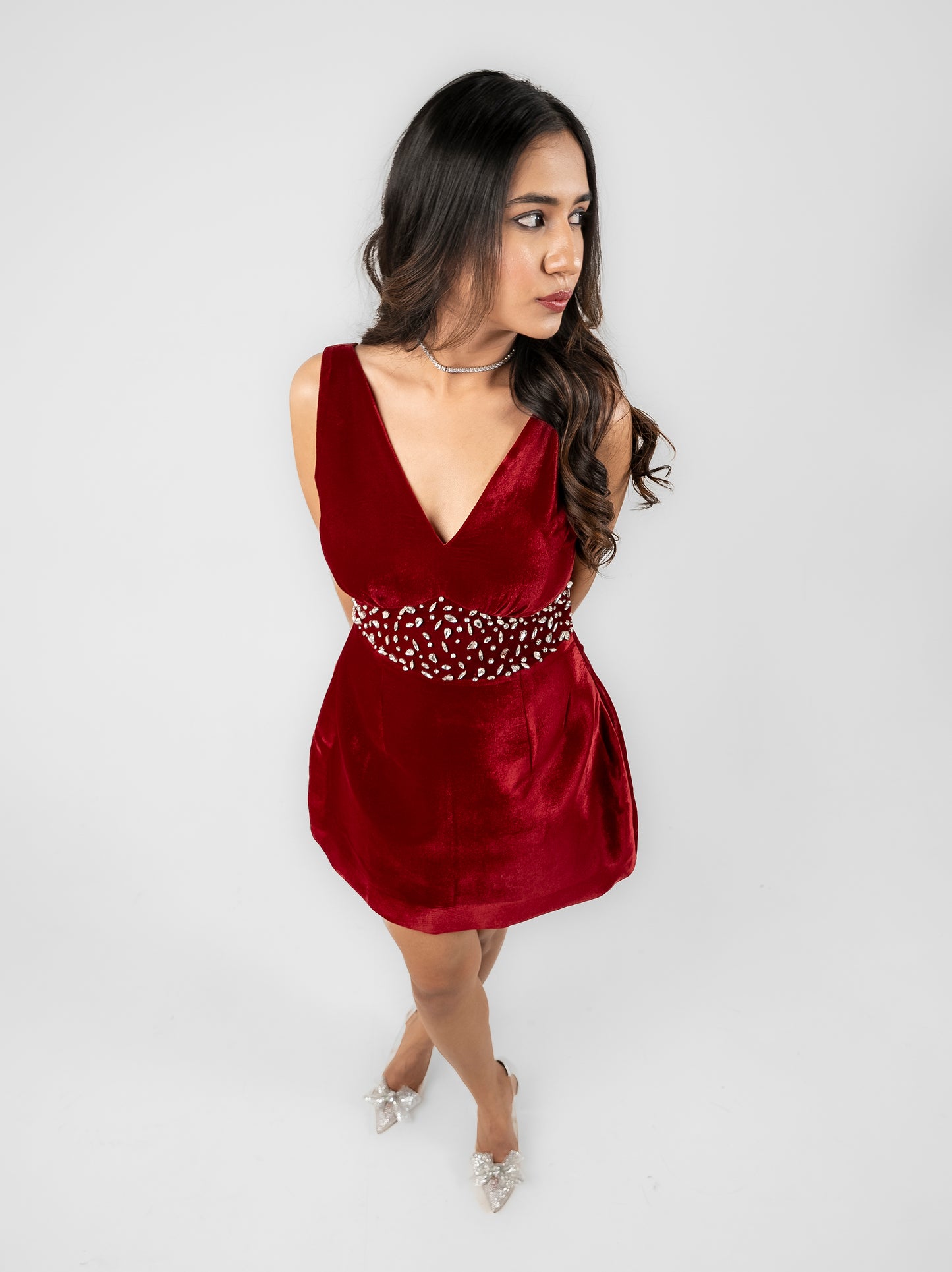 Frosty - velvet mini dress with stone detailing and detachable bow at the back