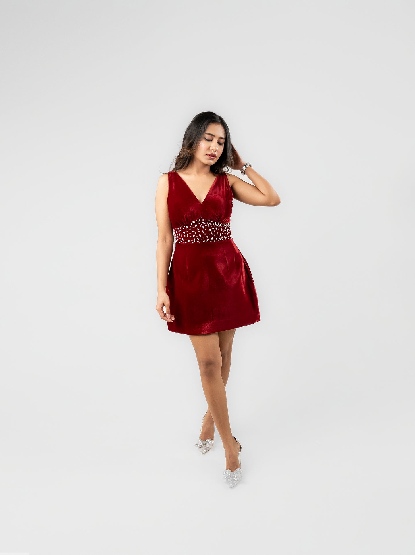 Frosty - velvet mini dress with stone detailing and detachable bow at the back