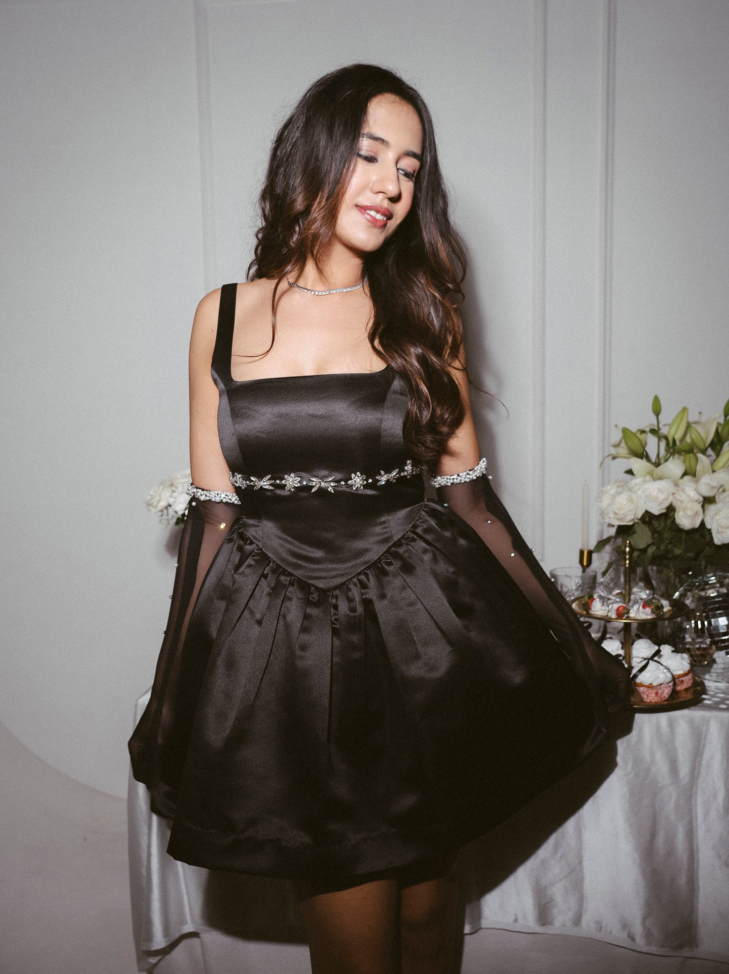 Jolie - Drop waist mini dress with stone detailing