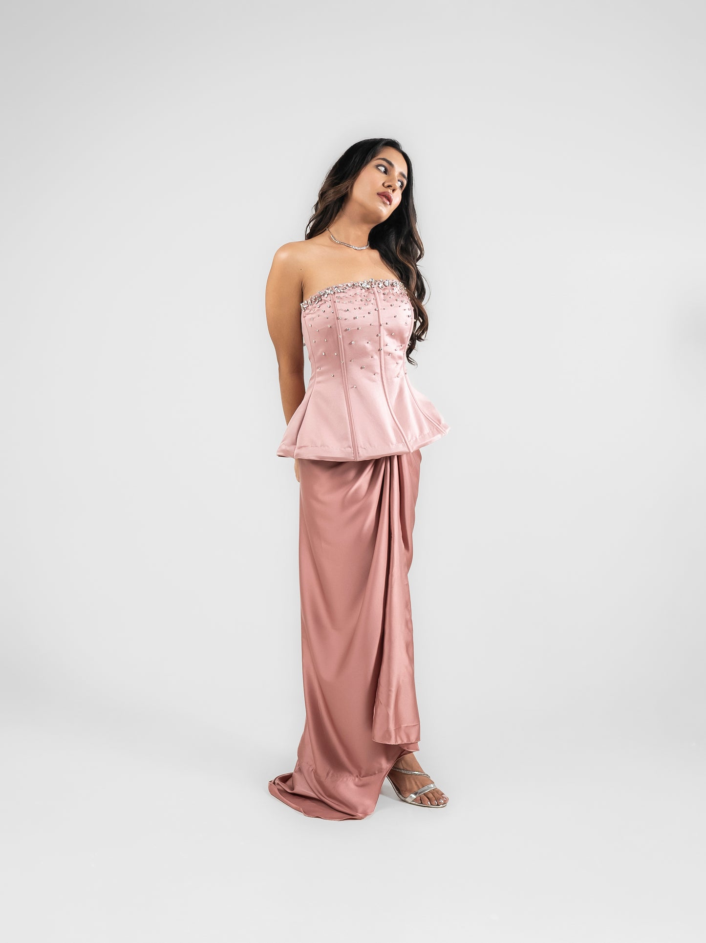 Bliss corset - Pink corset with satin drape skirt