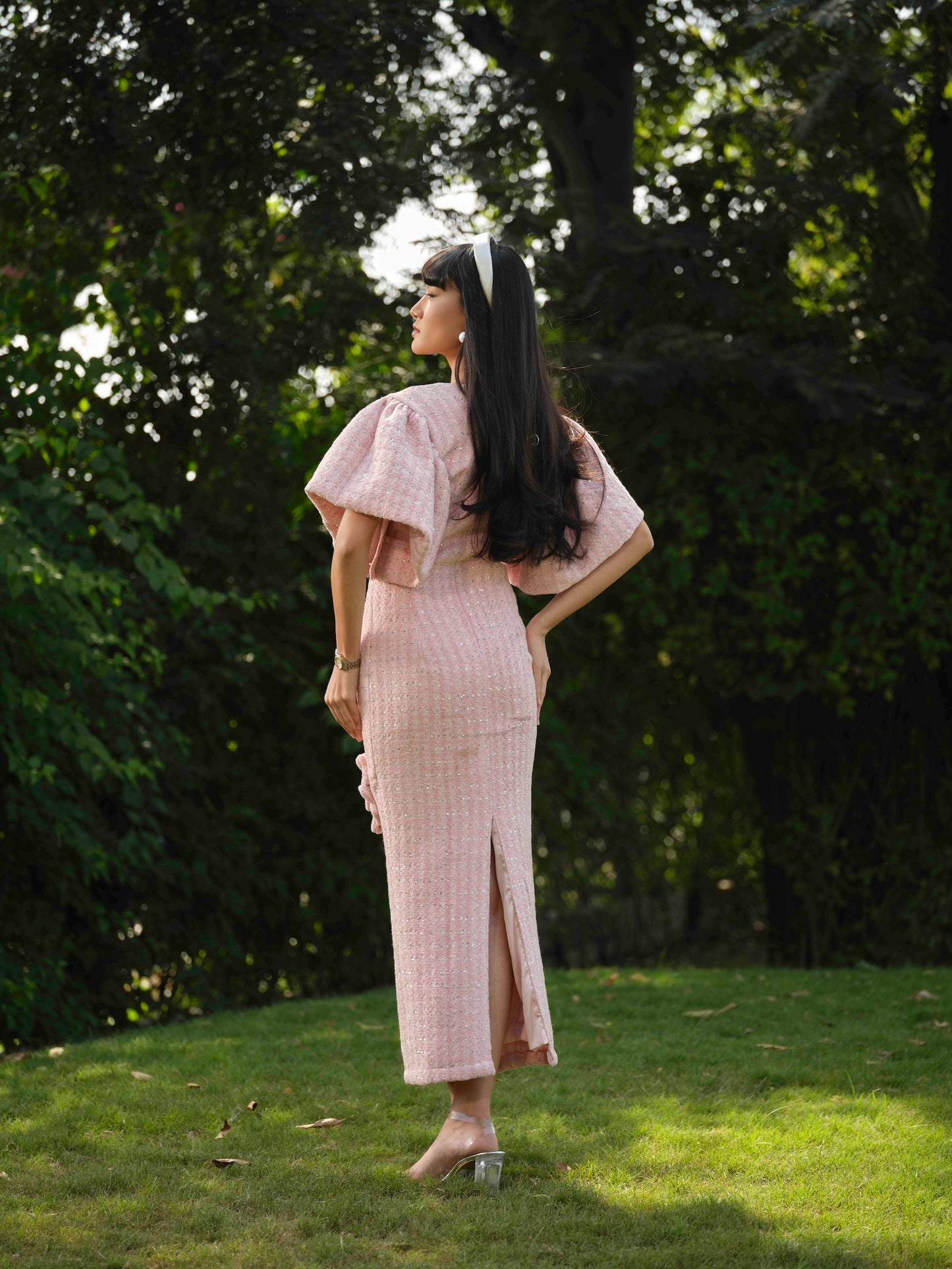 AURELIA- A Long dress with flower detailing.