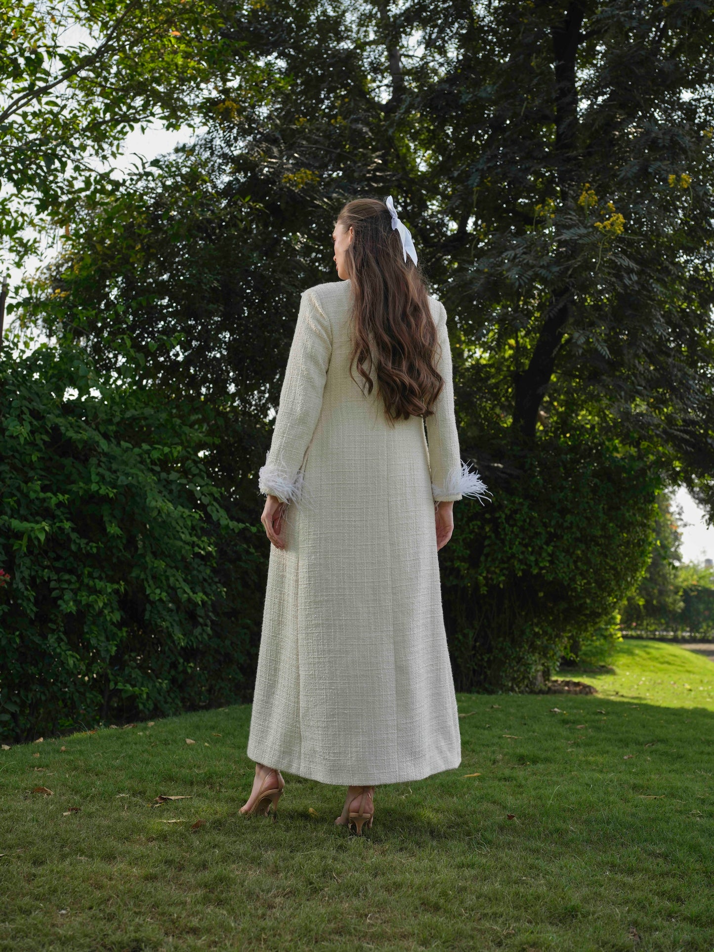 ELYRA - White Long trench coat with detailed A line short dress