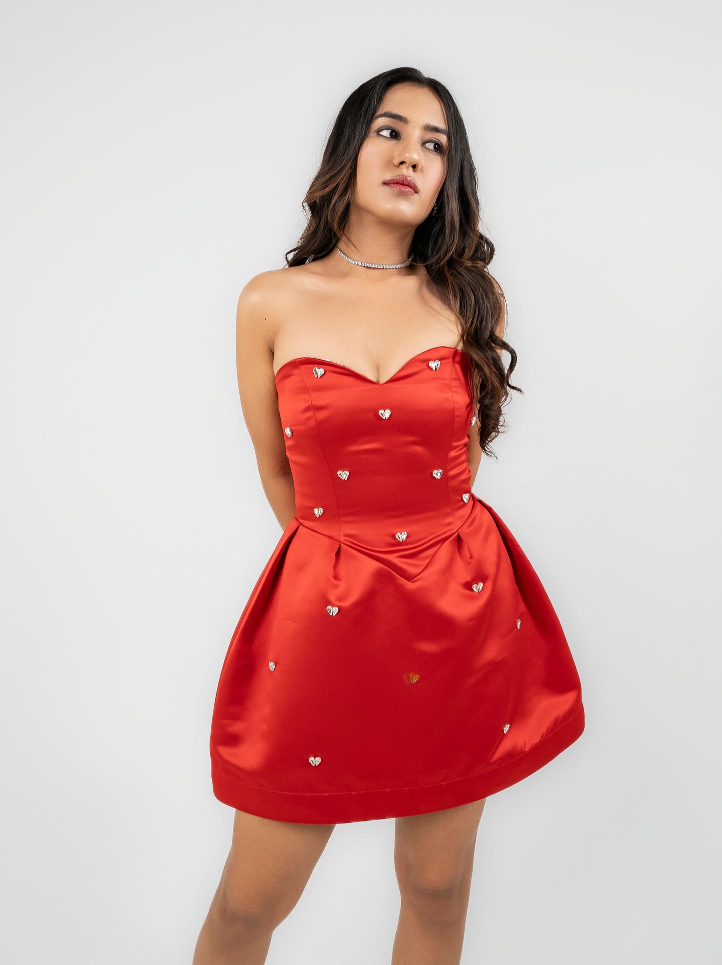 Vermilion - red mini dress with white stone work