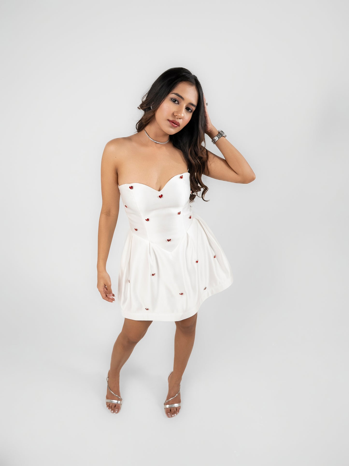 Azure mini dress with red stone detailing