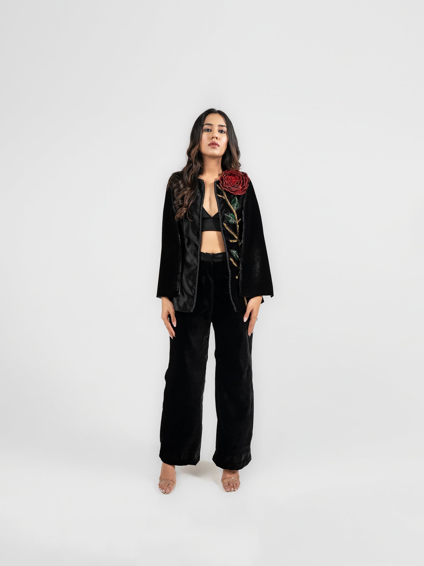 Baronne - Black velvet 3d embroidery jacket pant