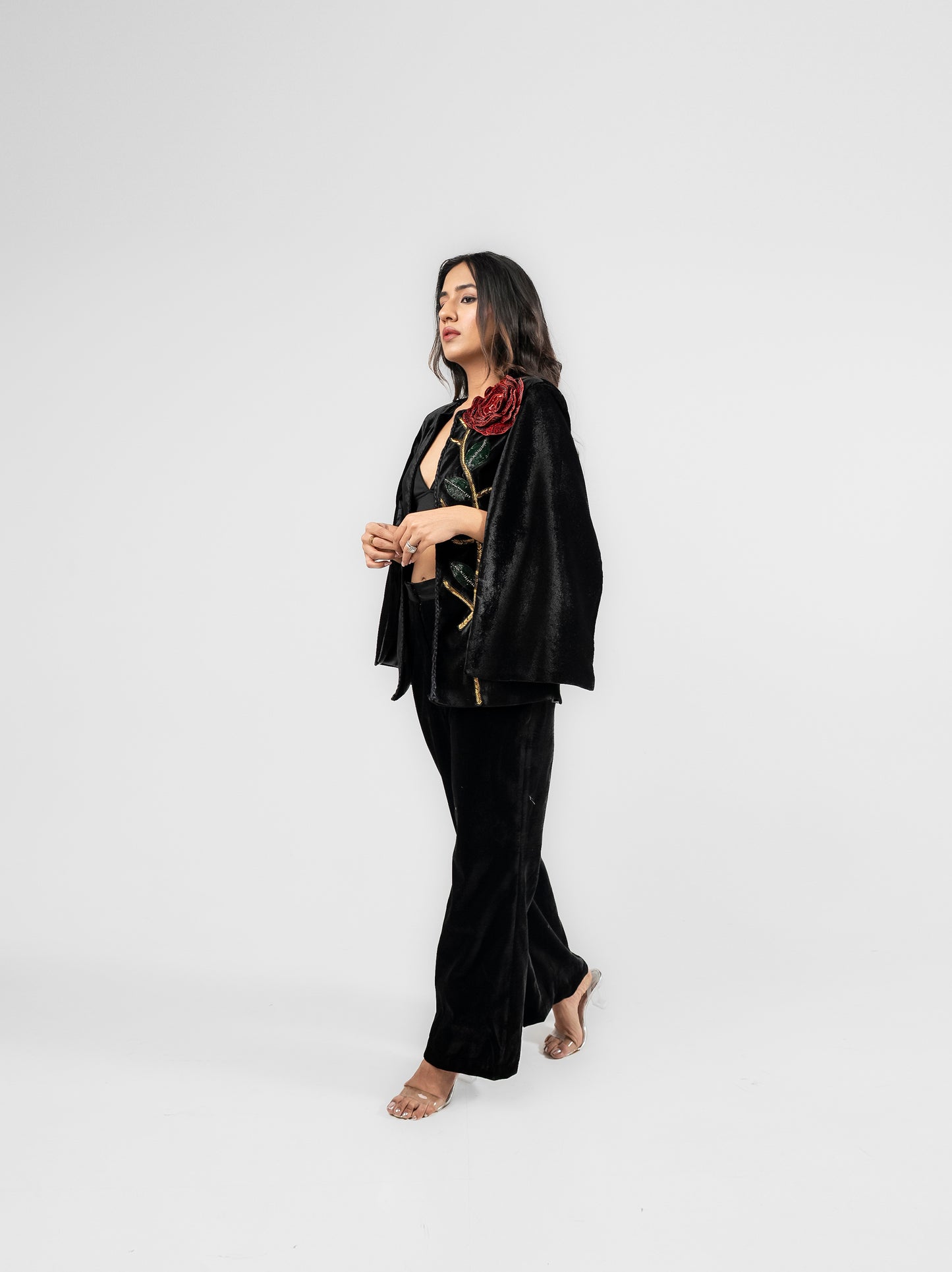 Baronne - Black velvet 3d embroidery jacket pant
