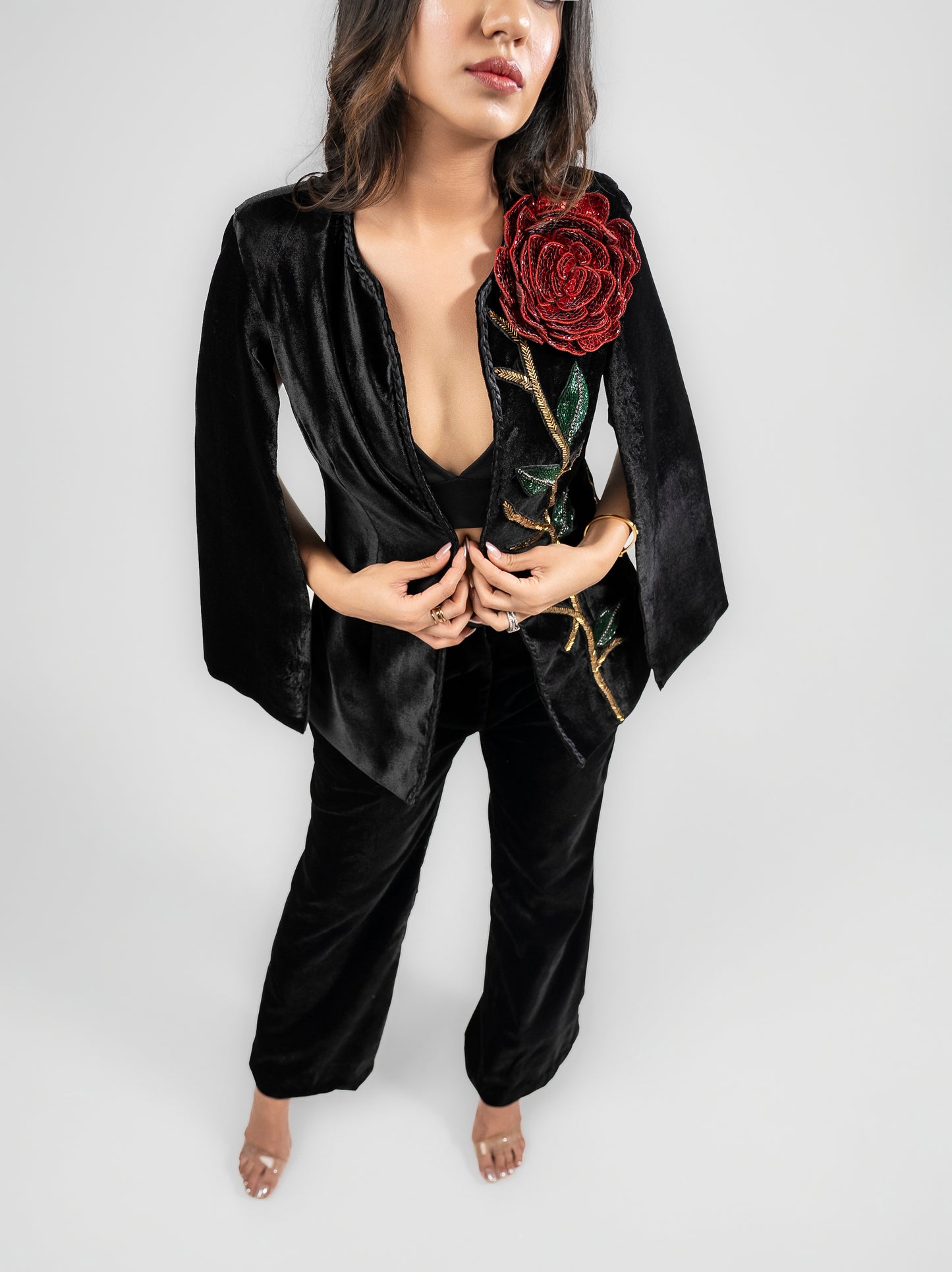 Baronne - Black velvet 3d embroidery jacket pant