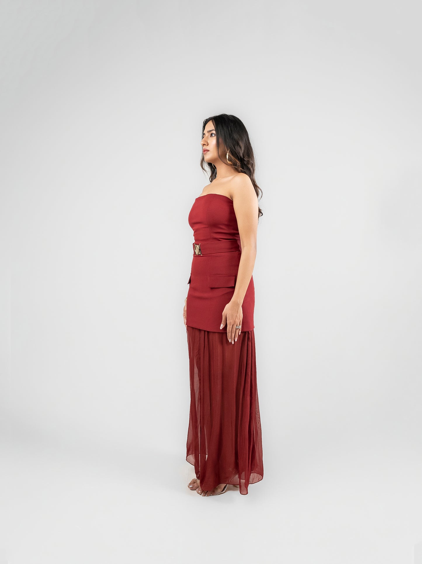 Majeste - strapless cherry red dress with belt detailing