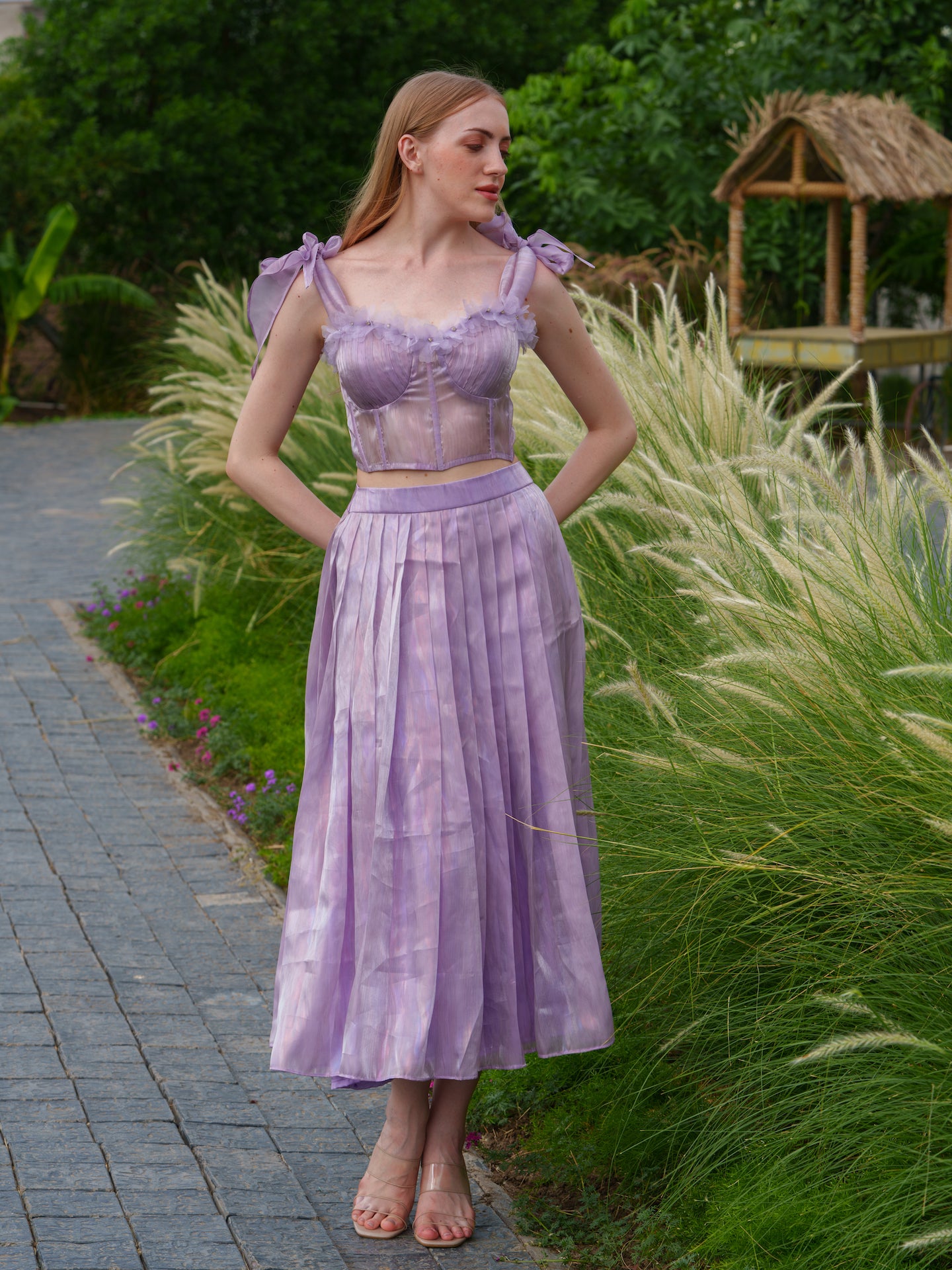 Cynthia - Co-ord set with corset top with flower detailing and pleated skirt