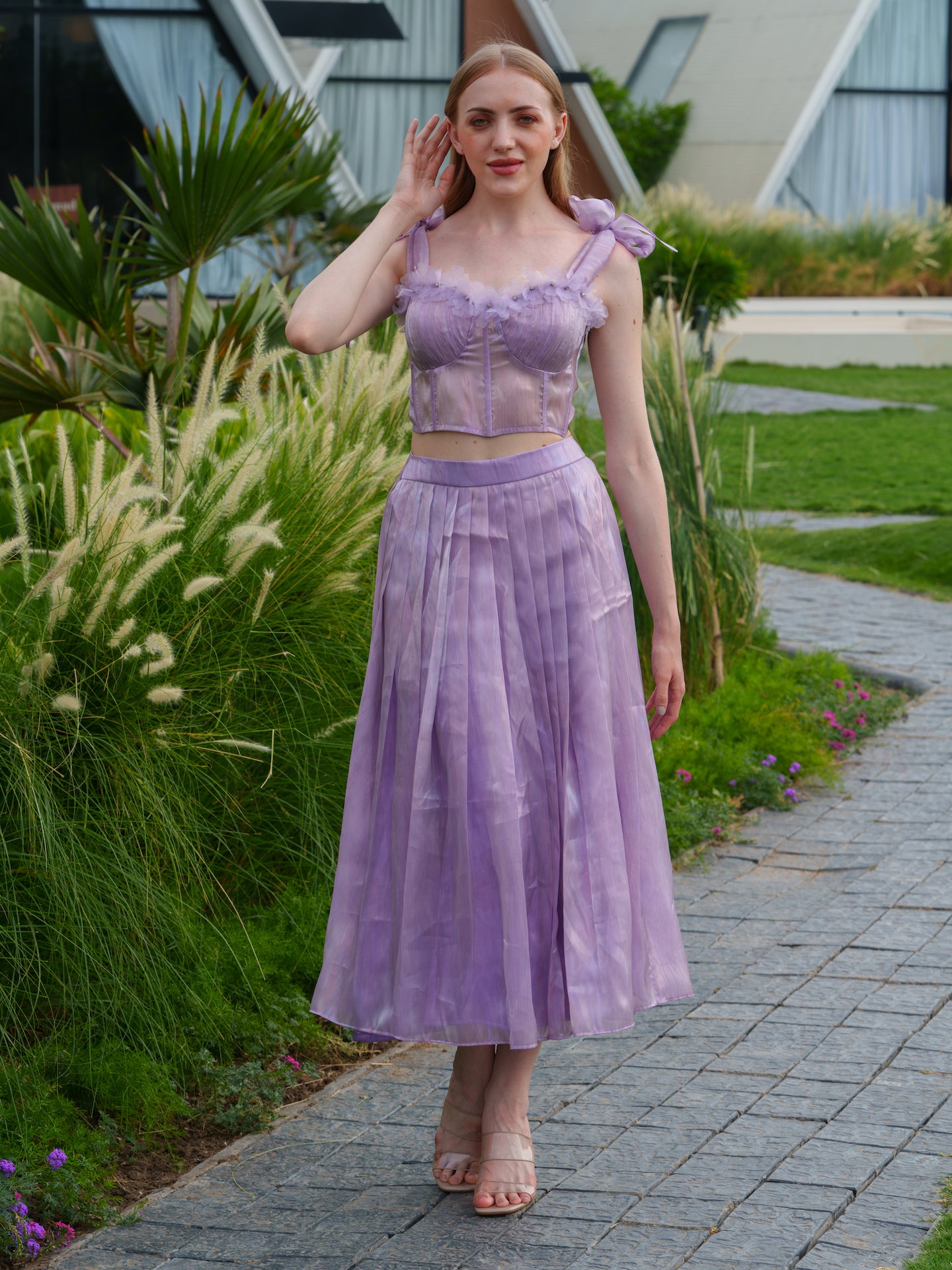 Cynthia - Co-ord set with corset top with flower detailing and pleated skirt