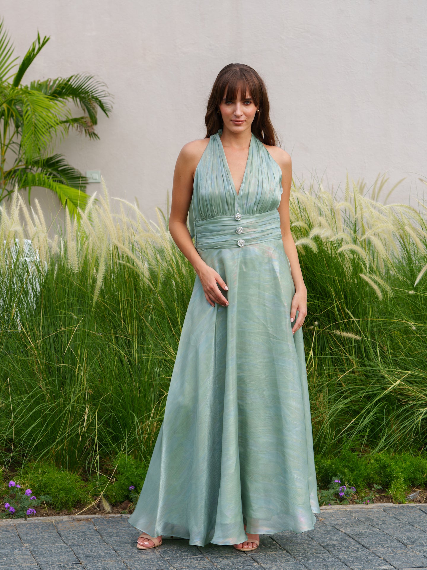 Hazel - Halter neck dress with pearl button detailing