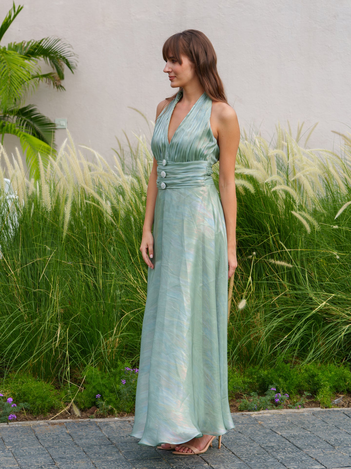 Hazel - Halter neck dress with pearl button detailing