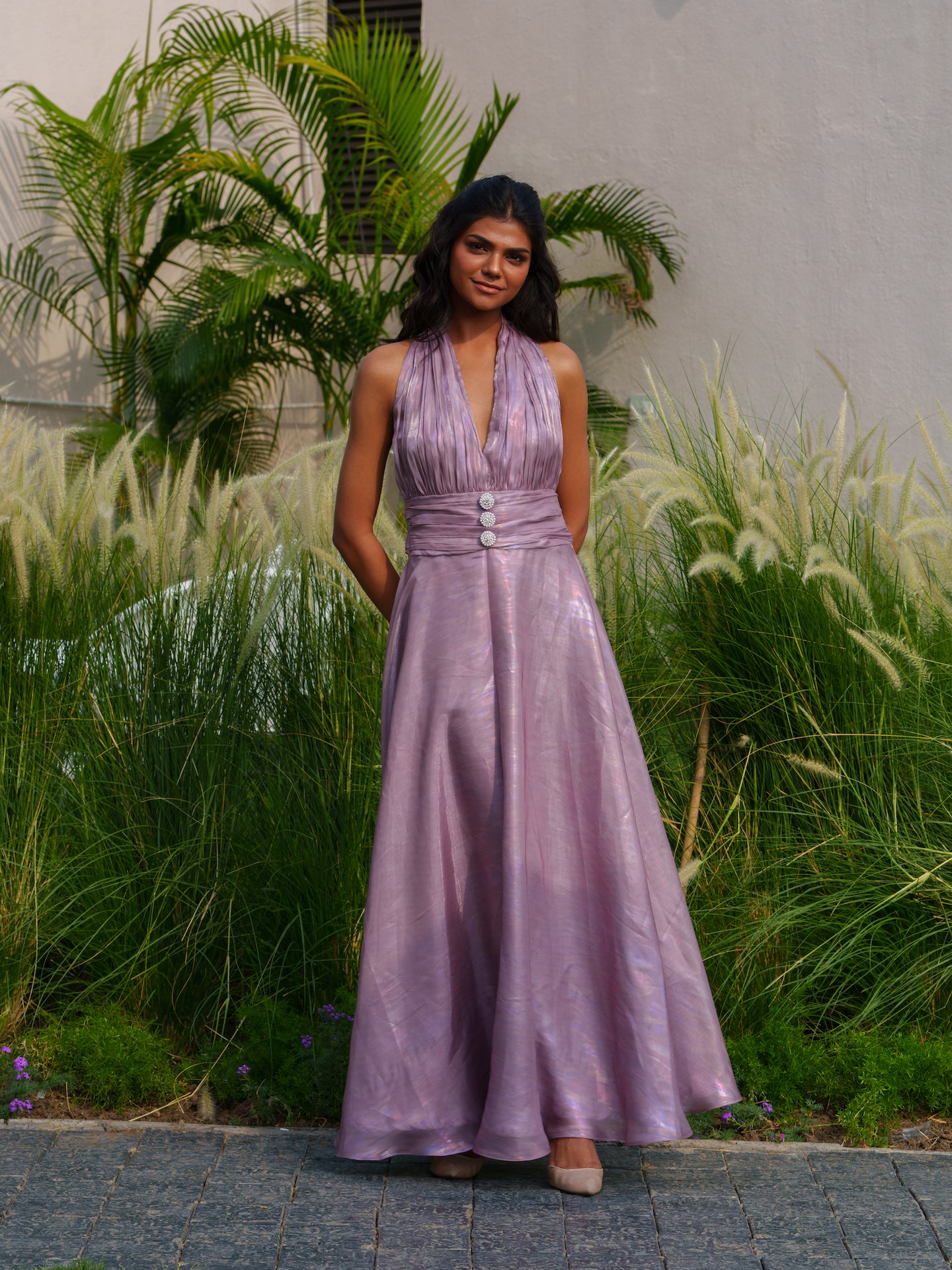 Hailey - Halter neck dress with pearl button detailing