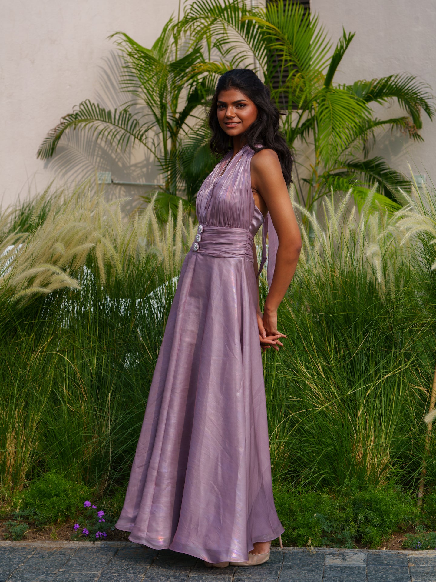 Hailey - Halter neck dress with pearl button detailing