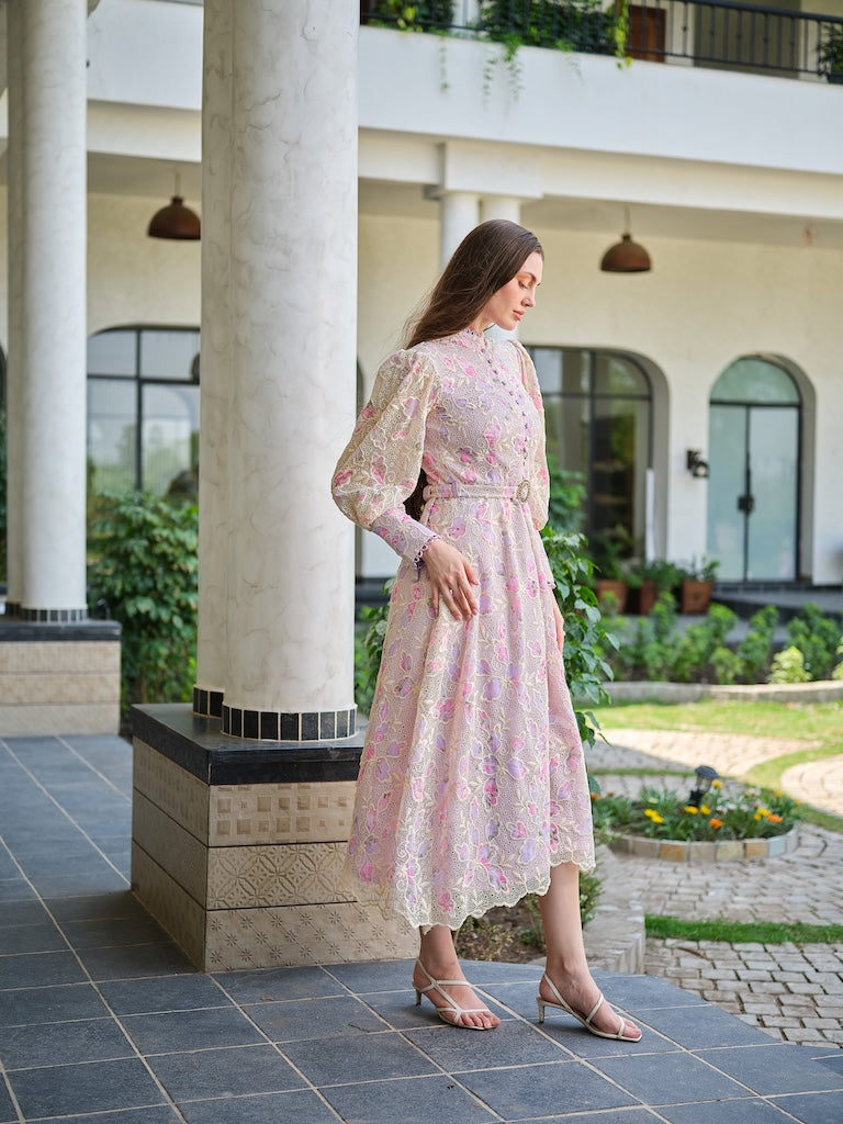 RIVANO - mandarin dress with balloon sleeves and a flowy fall with attached belt.