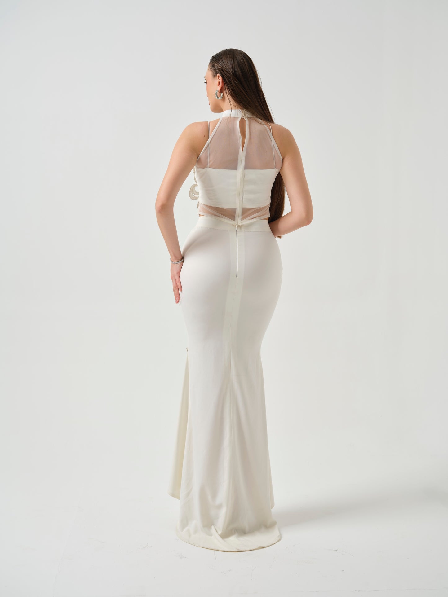 RENAYA -White embroidered top paired with a fish-cut skirt