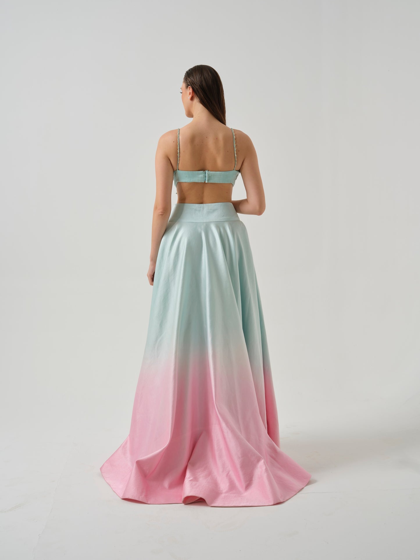 MIRARI- A candy floss blouse with ombre shade skirt.