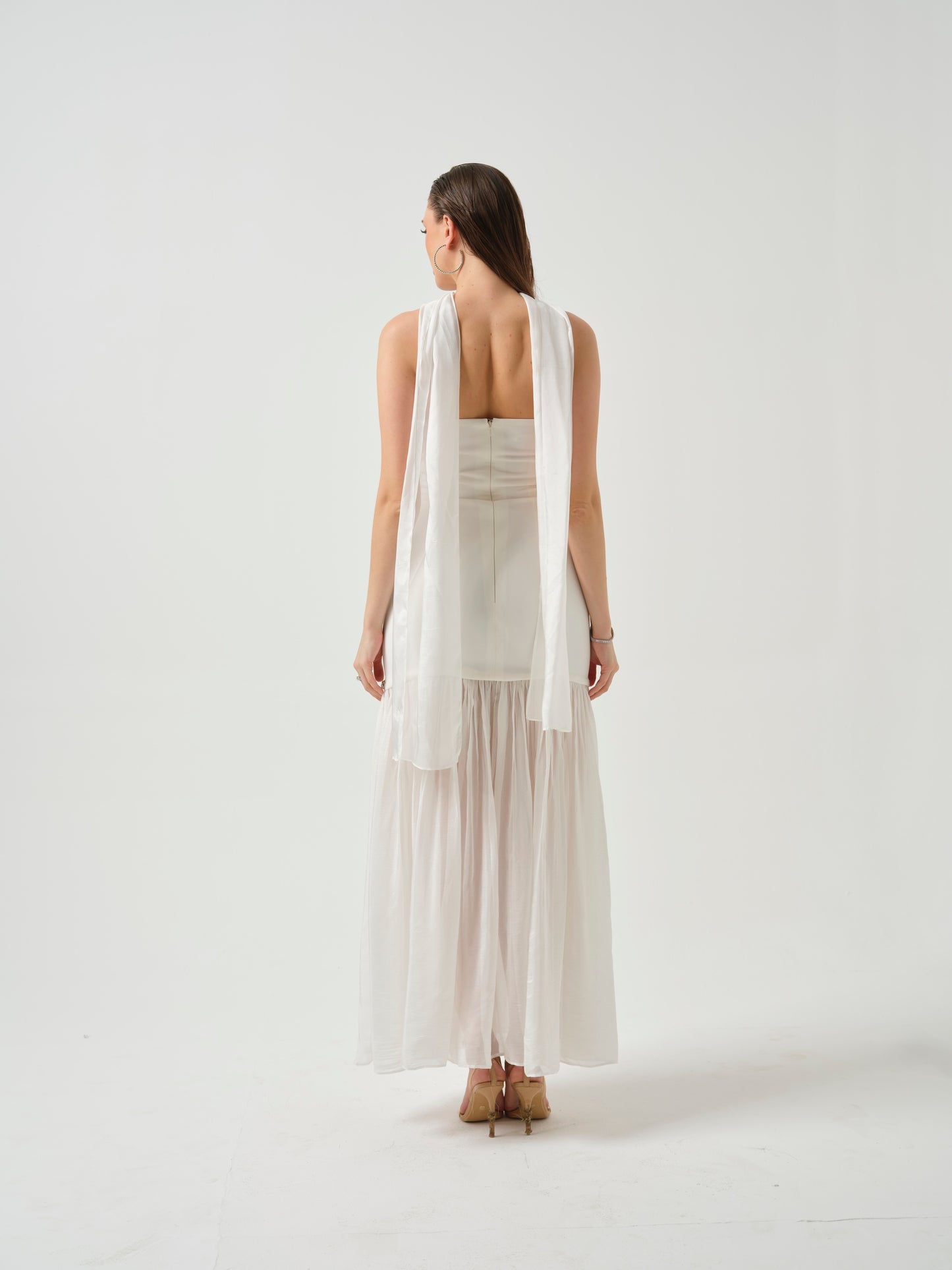 ZAYNA-strapless stone detailing dress with stole and sheer flare