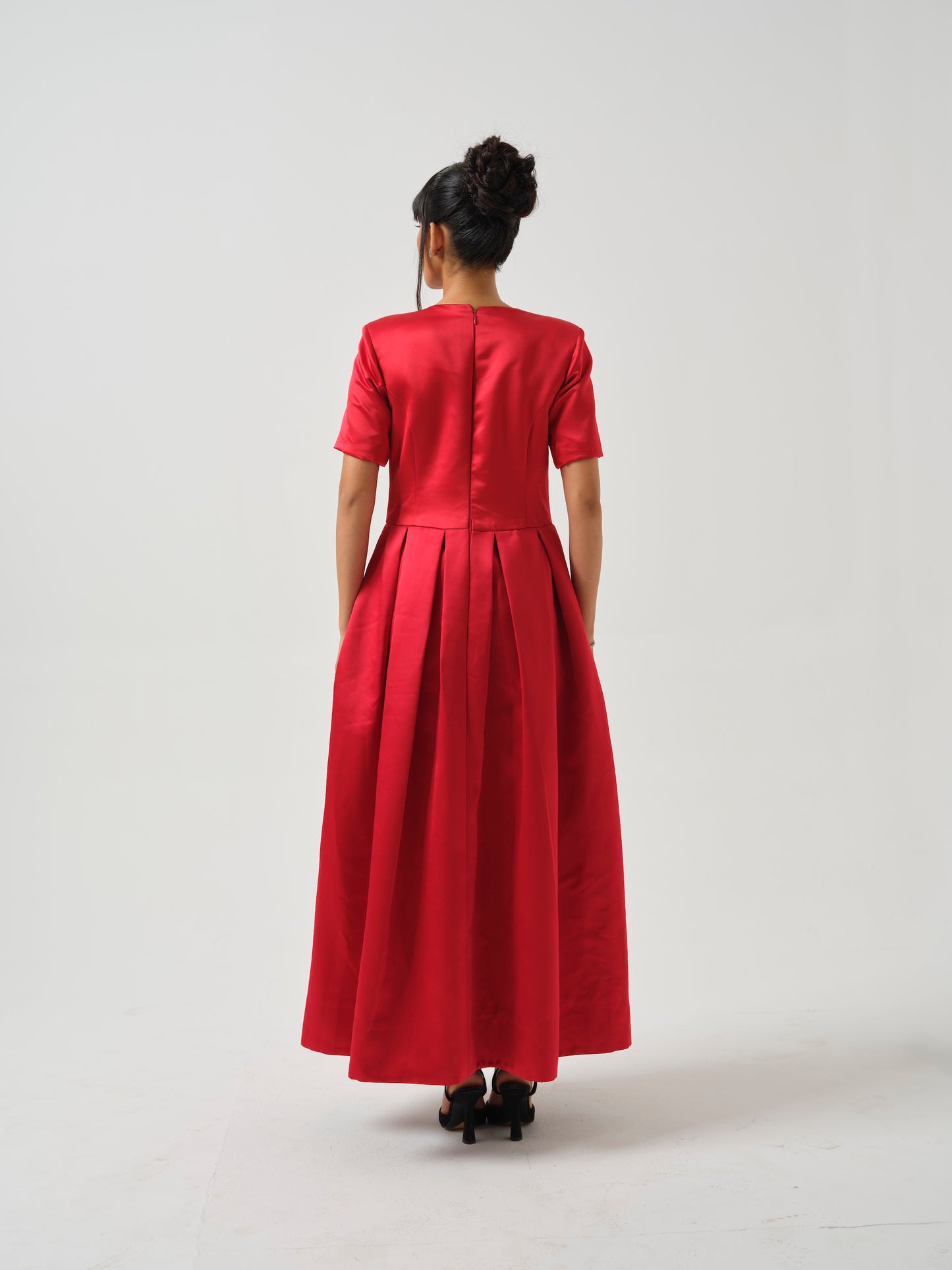 BERRY- Box pleat red dress with stone detailing