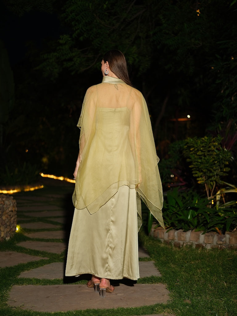 CIELORA - A sage green satin dress paired with a sheer organza jacket
