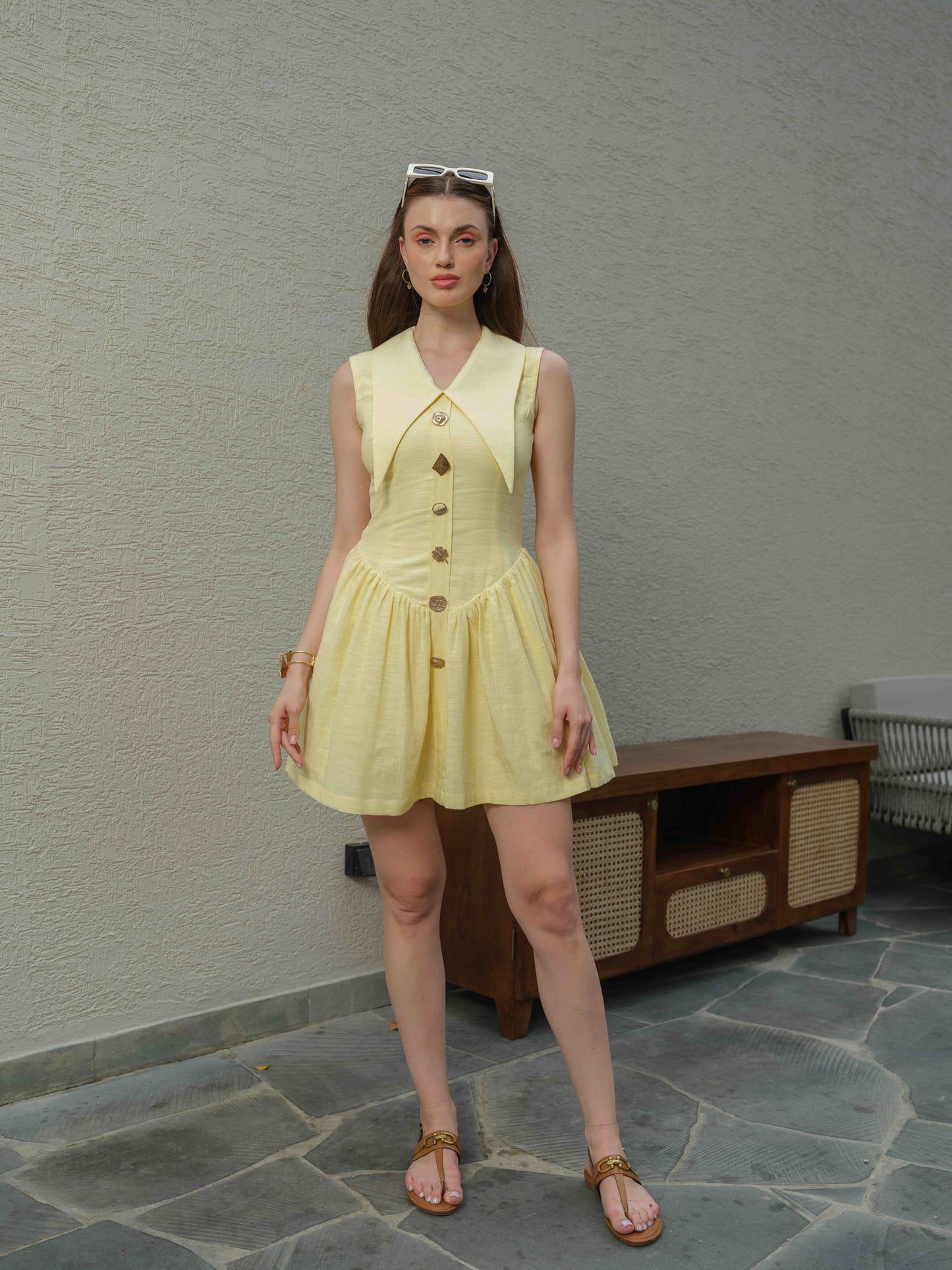 ZING - Drop waist mini dress with button detailing