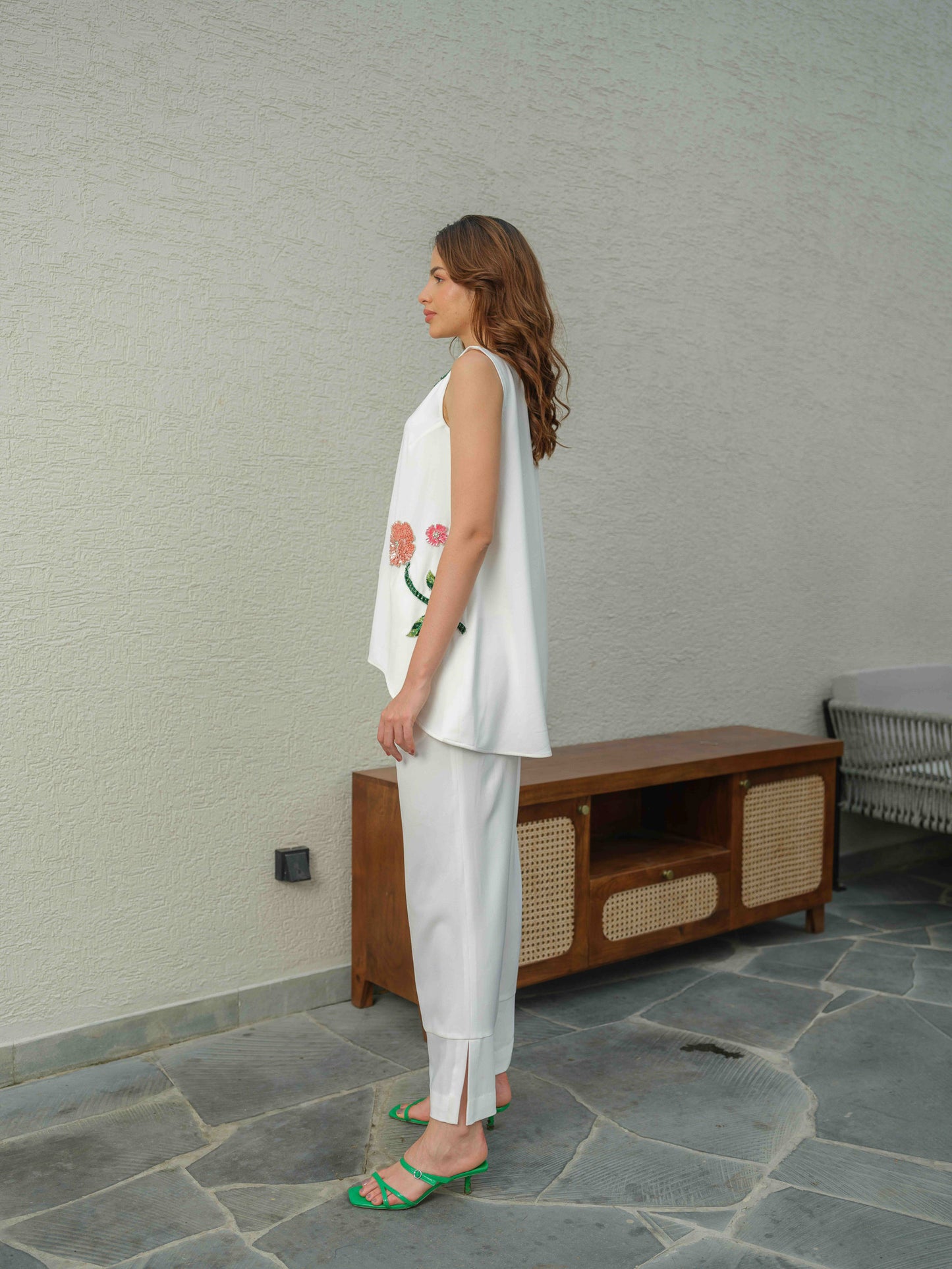 HAZEL – A co-ord set with an up-and-down top featuring applique work and 3D embroidery, paired with flared pants