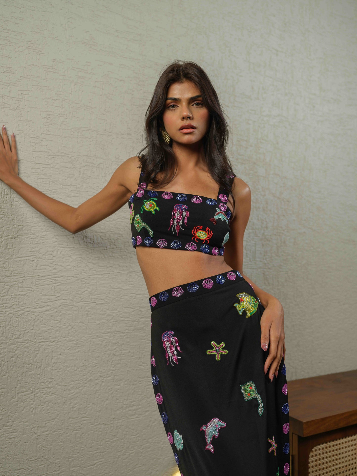 Rishina Talreja in Aquaire Co-ord set - Black Tube top and bodycon slit skirt with intricate embrodiery