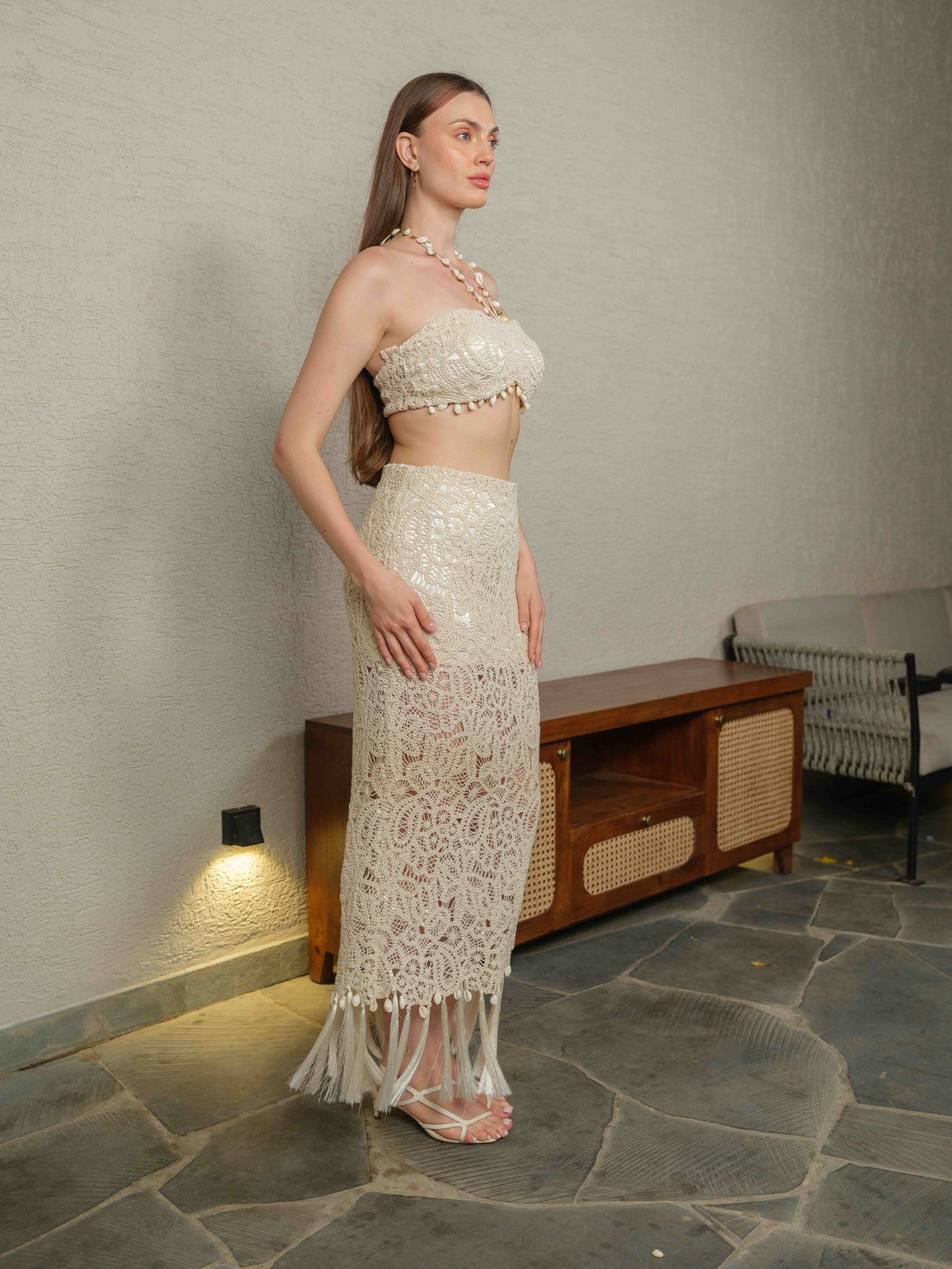 CORAL – crochet co-ord with a Kodi-detailed tube top paired with a pencil-fit skirt