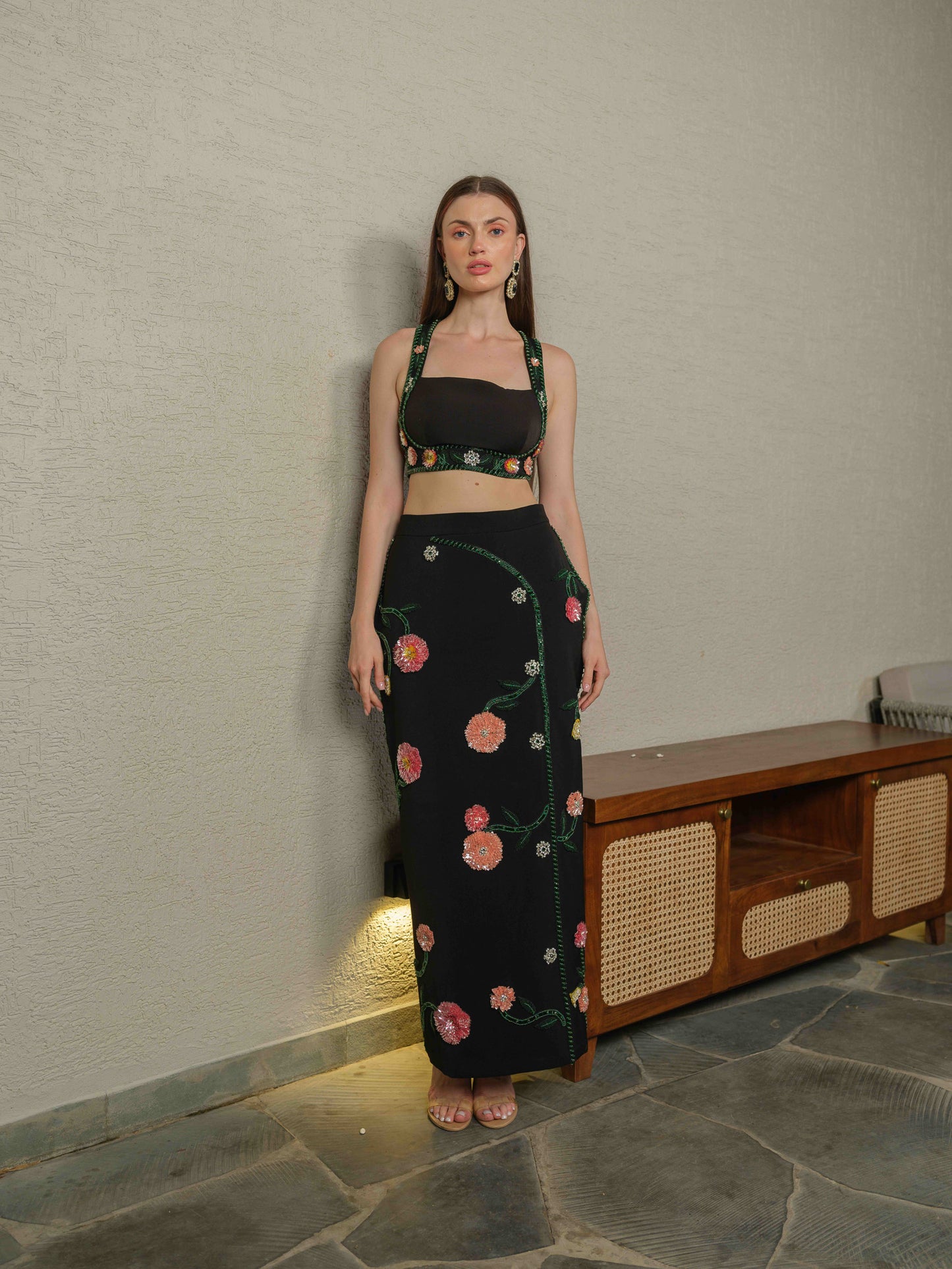 OBSCURA – Tube top with embroidery paired with a structured skirt featuring 3D embroidered detailing.