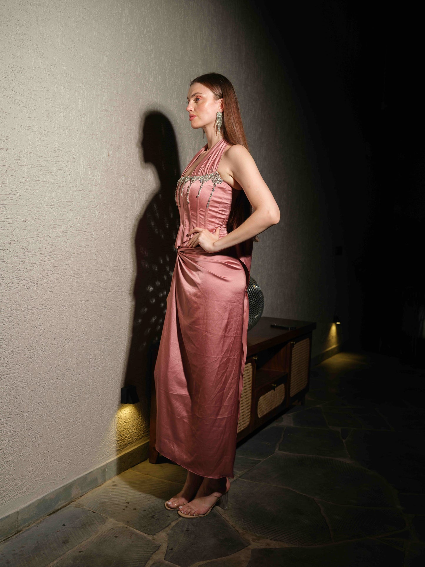 RADIANCE – A corset necktie top with stone detailing, paired with a self tie -draped skirt