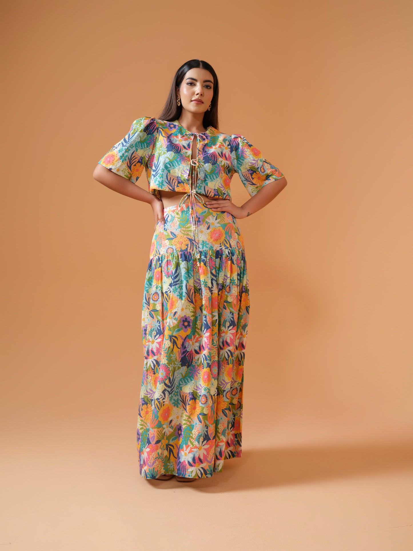 Rhea- crop front tie up jacket with drop waist skirt