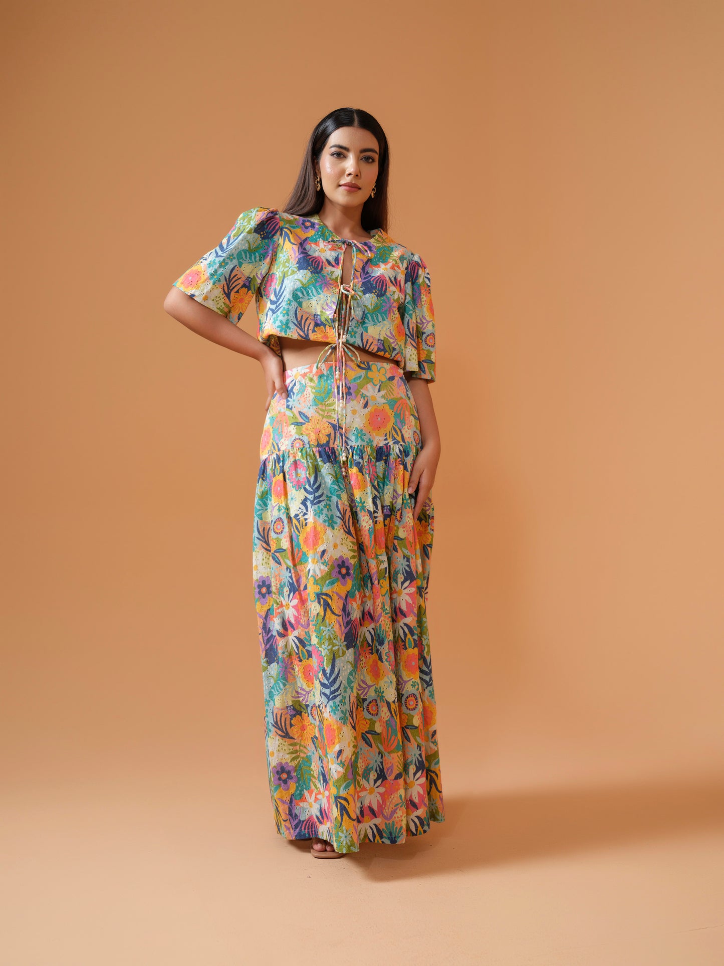 Rhea- crop front tie up jacket with drop waist skirt