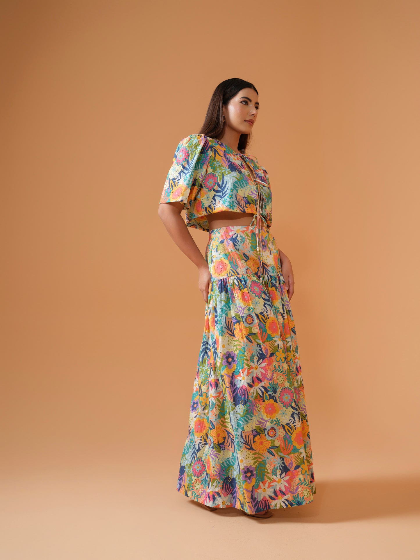 Rhea- crop front tie up jacket with drop waist skirt