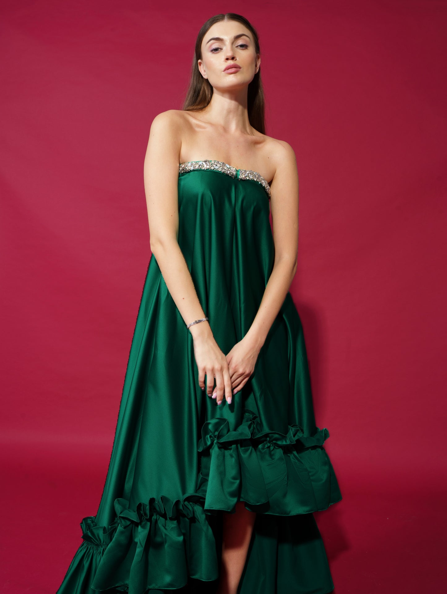 Raquel - Stone embellished high low satin dress