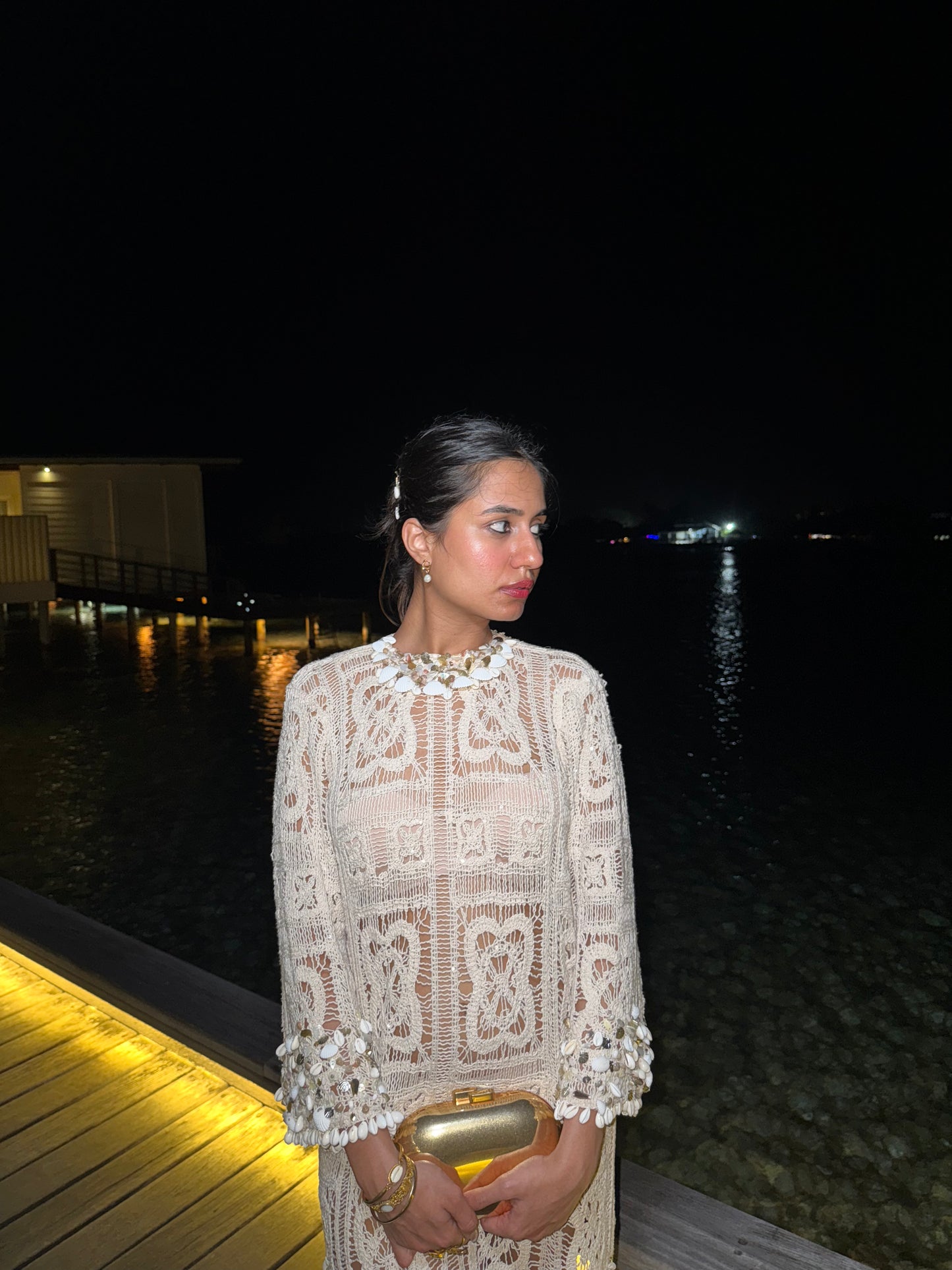 CASPIAN – A crochet dress adorned with intricate embroidery featuring Kodi shell detailing