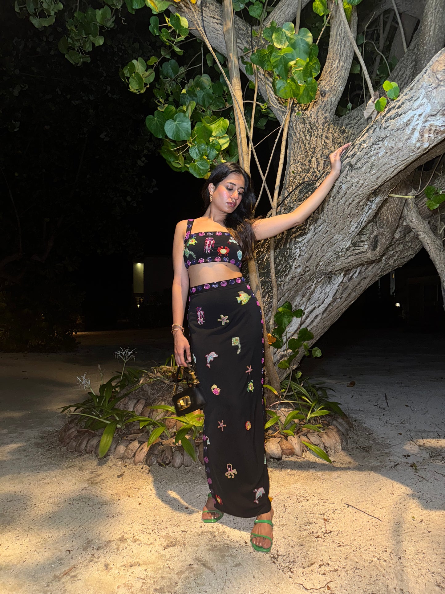 Rishina Talreja in Aquaire Co-ord set - Black Tube top and bodycon slit skirt with intricate embrodiery