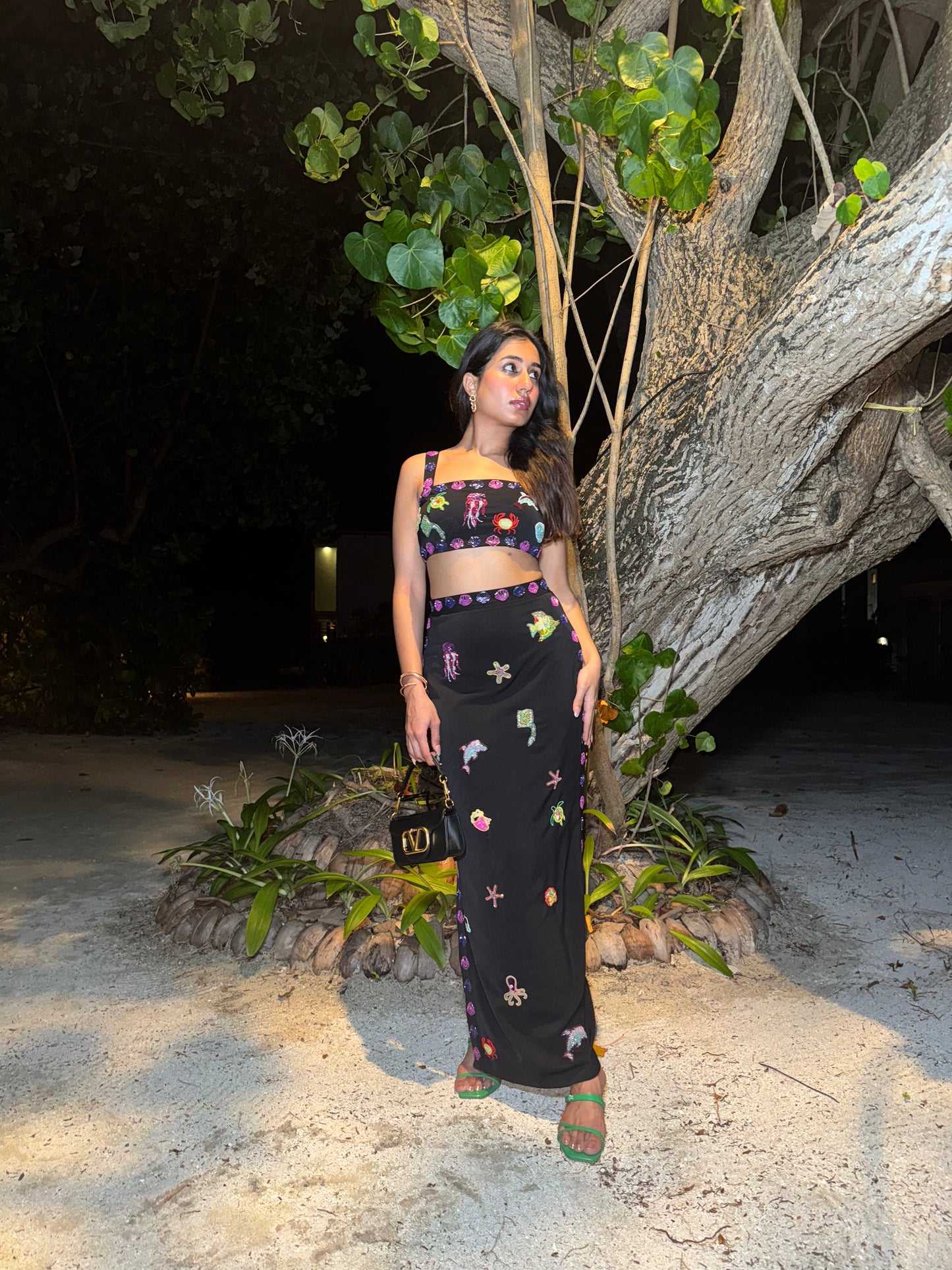 Rishina Talreja in Aquaire Co-ord set - Black Tube top and bodycon slit skirt with intricate embrodiery