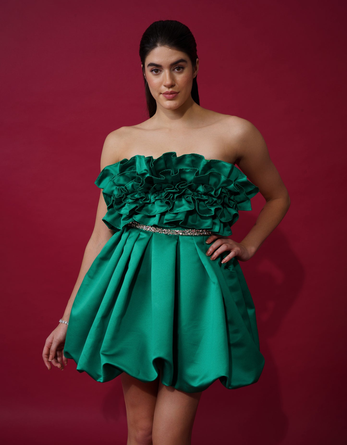 Maisie - Short satin dress with frill detailing