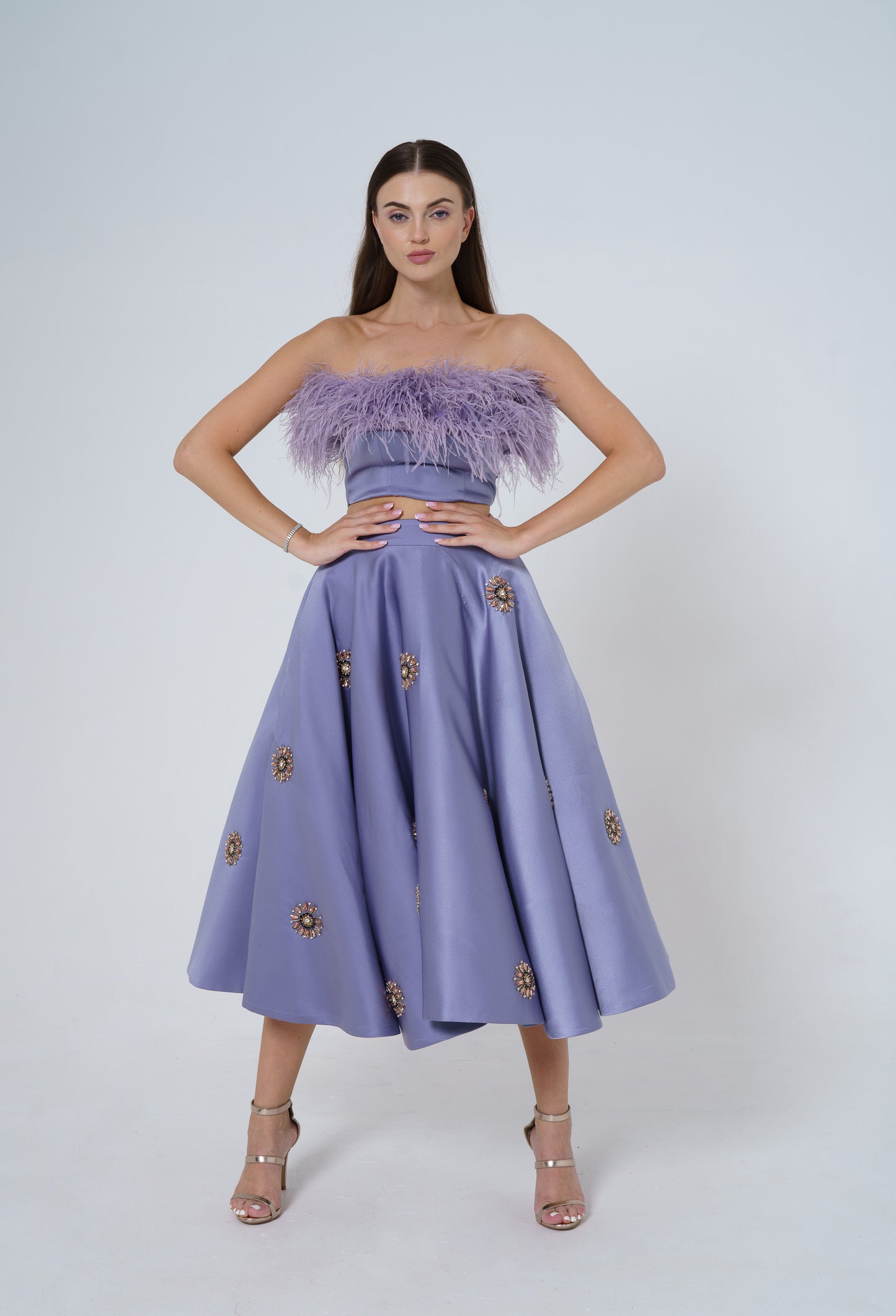 Deviya in Dove - Co-ord set with Tea length skirt and Ostrich feather bustier