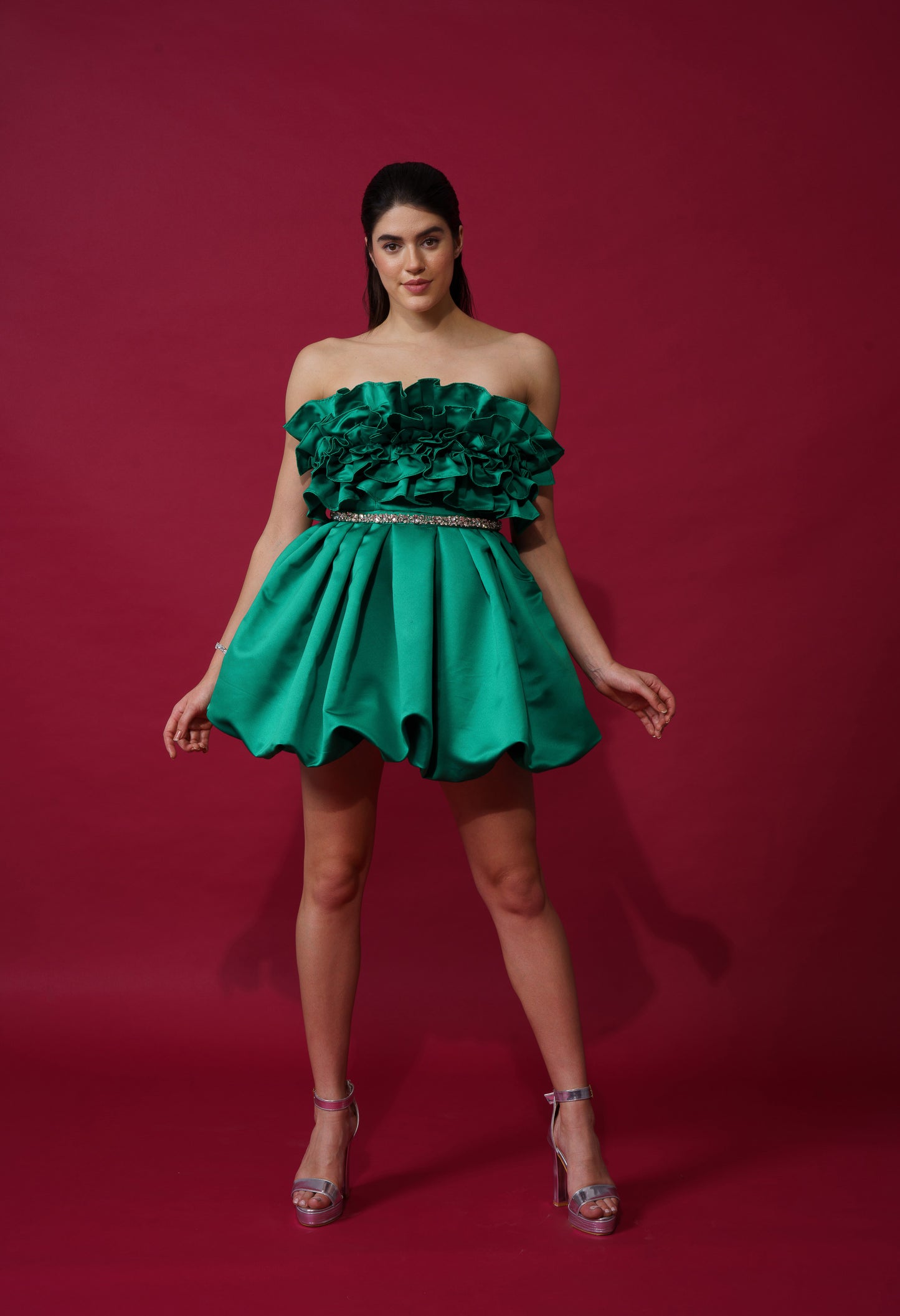 Maisie - Short satin dress with frill detailing