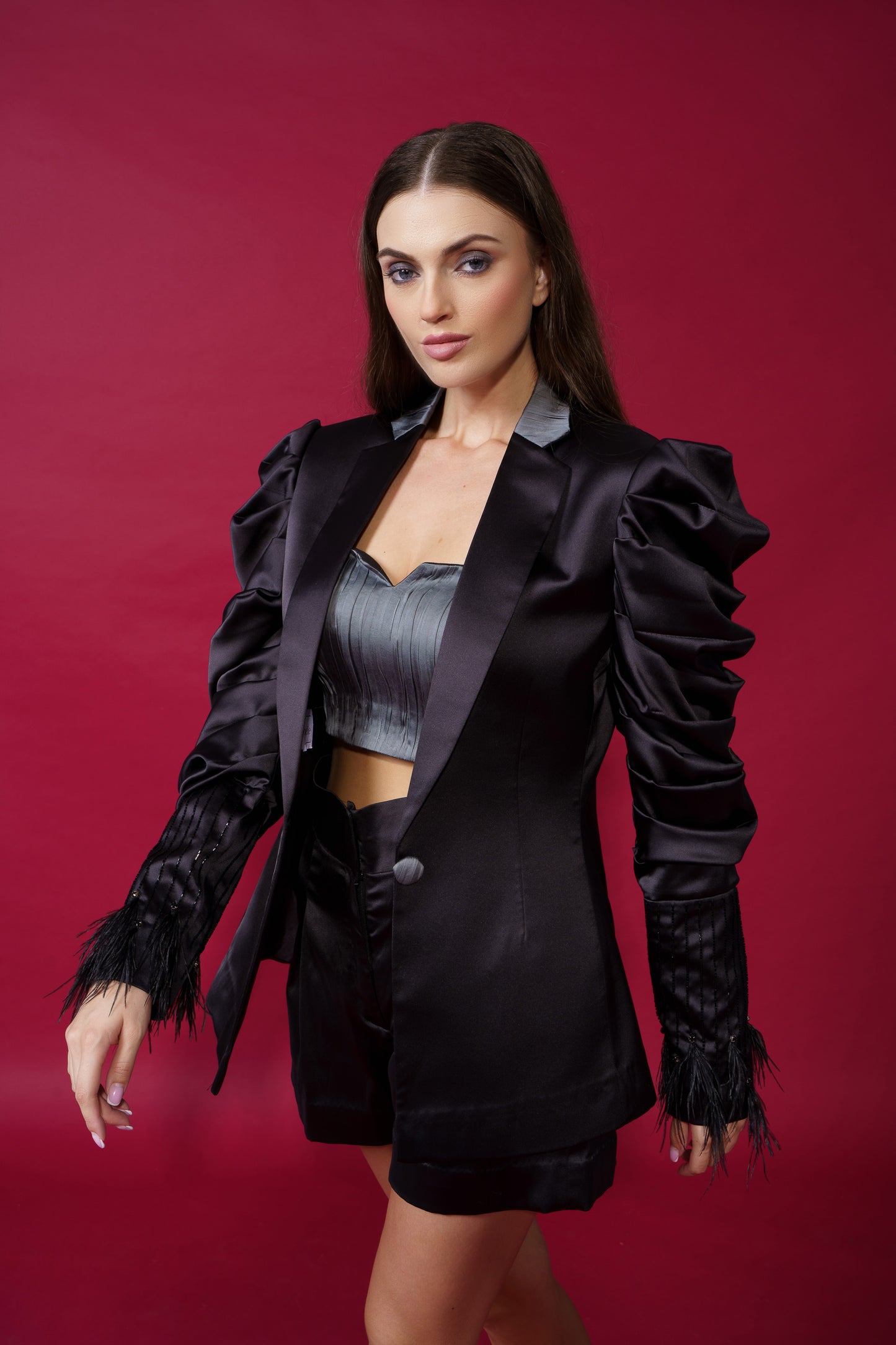 Quinn - 3-piece co-ord set, with pleated bustier and feather detailed blazer.