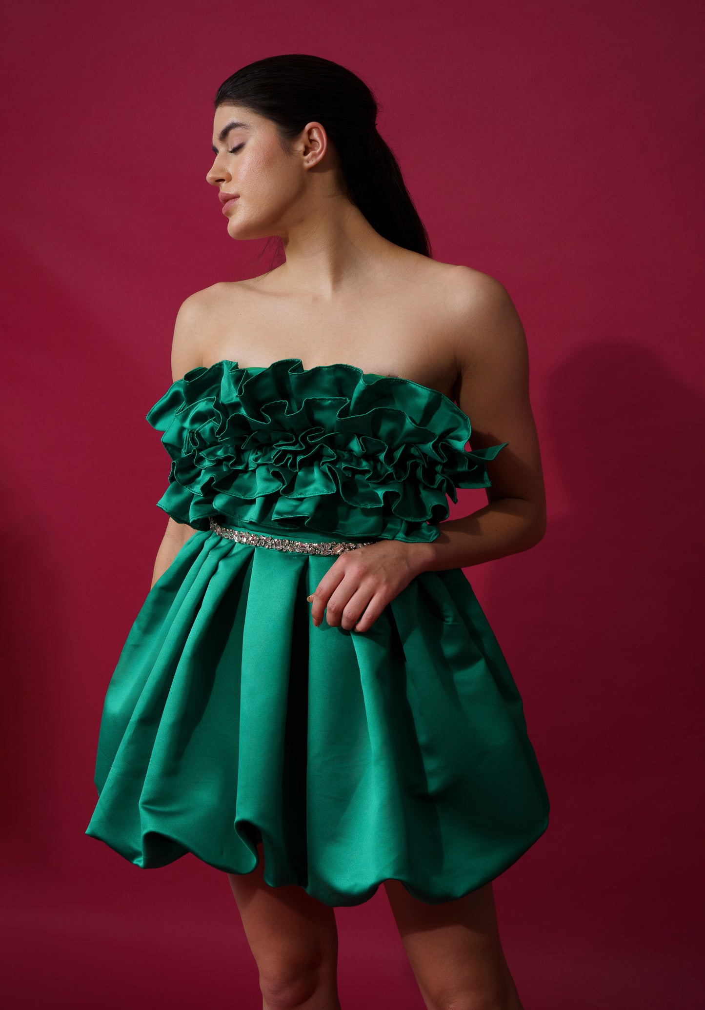 Maisie - Short satin dress with frill detailing