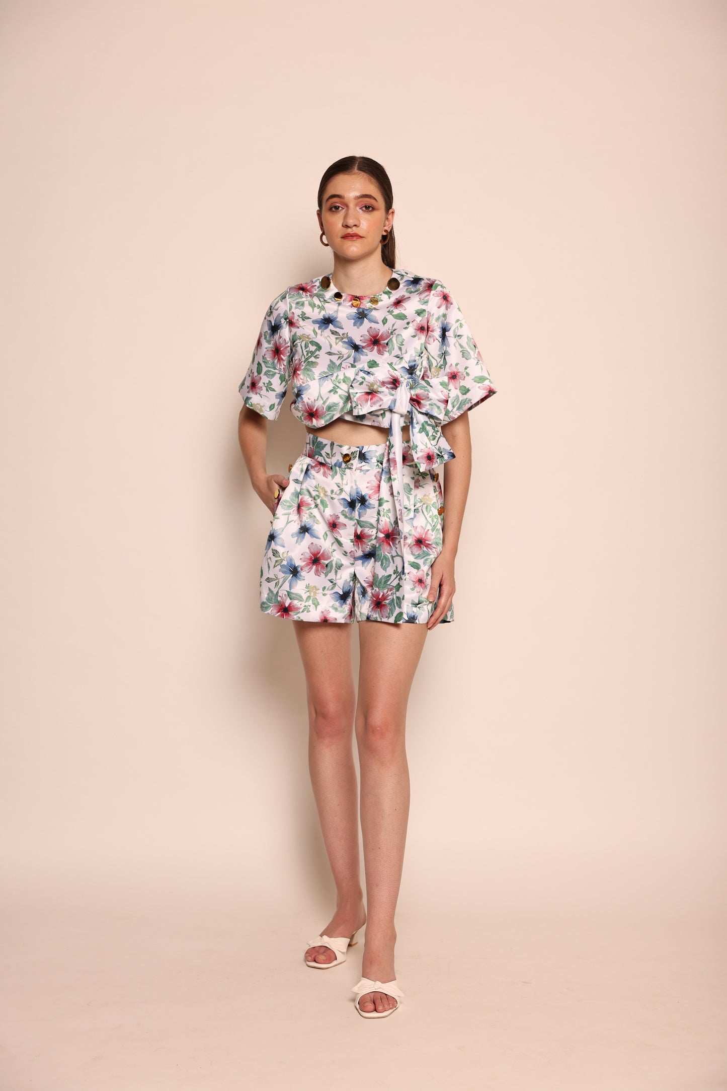 Milos - Co-ord Set Tie-up top and shorts with button and bow detailing