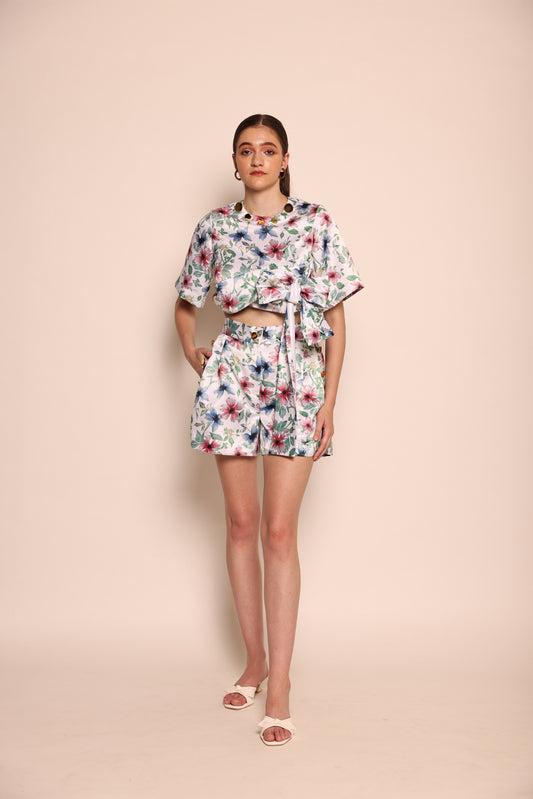 Milos - Co-ord Set Tie-up top and shorts with button and bow detailing