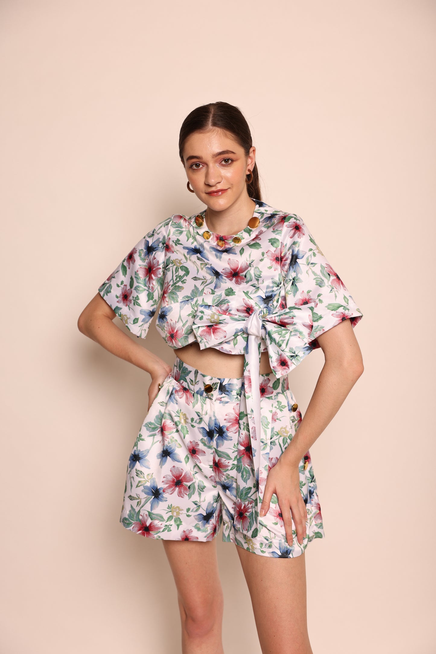 Milos - Co-ord Set Tie-up top and shorts with button and bow detailing