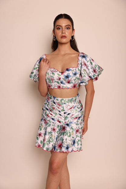 Maui - Co-ord set with Sweetheart neck top with pleat ruffle skirt