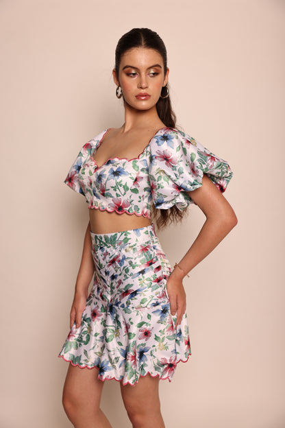 Maui - Co-ord set with Sweetheart neck top with pleat ruffle skirt