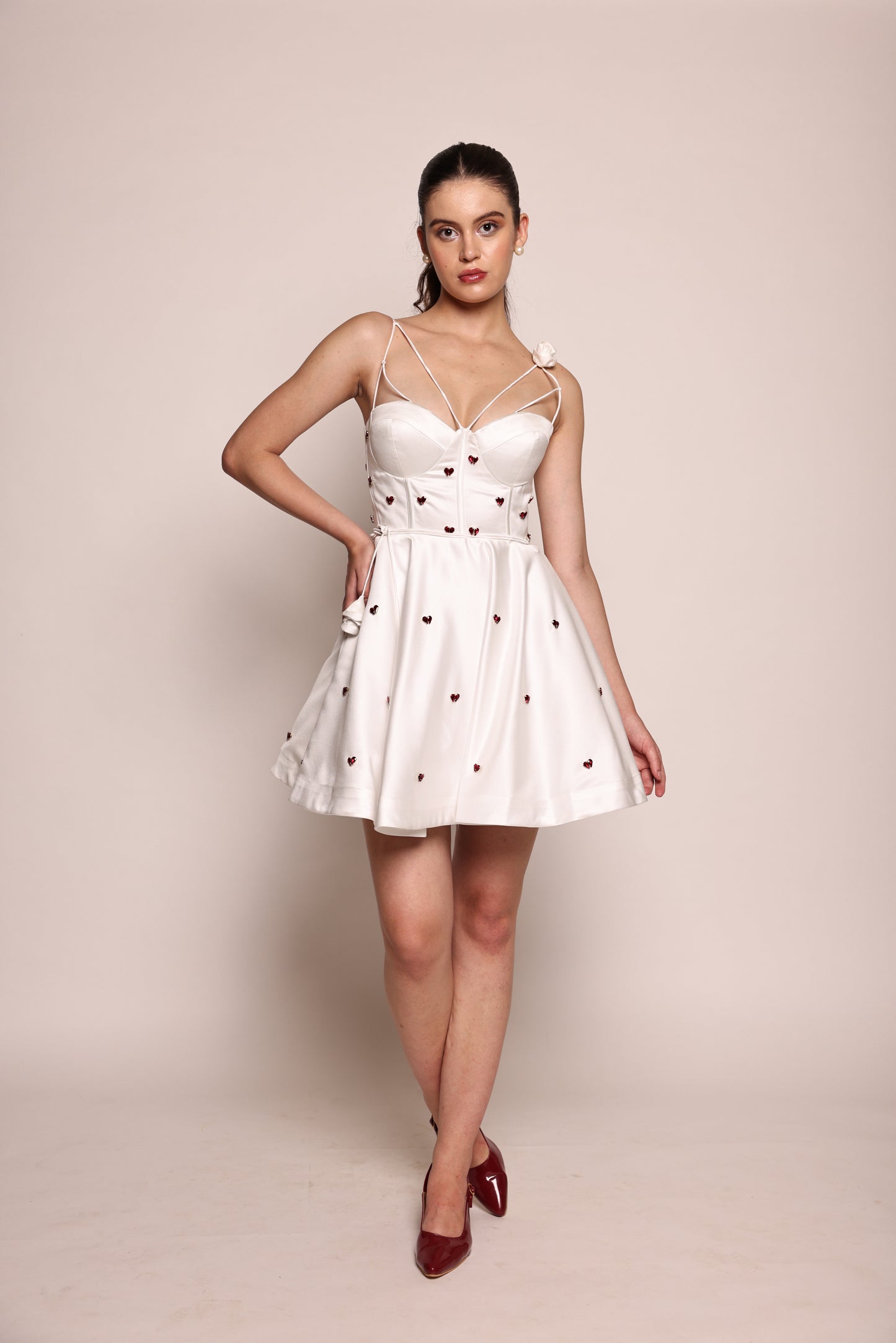 white sweetheart skater dress Catch Feelings Sweetheart Neckline Puff Sleeve Dot Trim Dress White