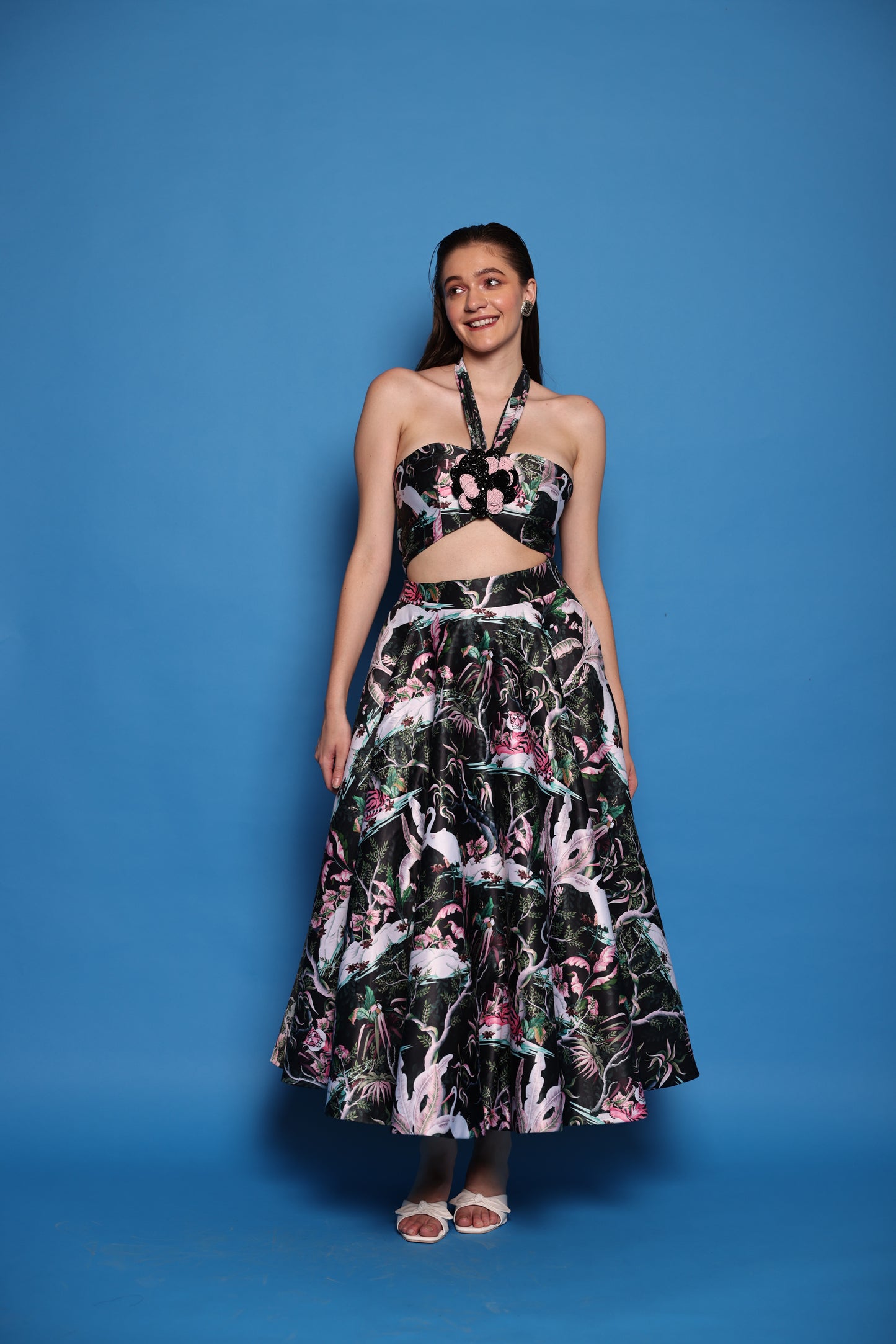 Elise - Co-ord set with Halter neck top with 3D flower detailing and tea length skirt