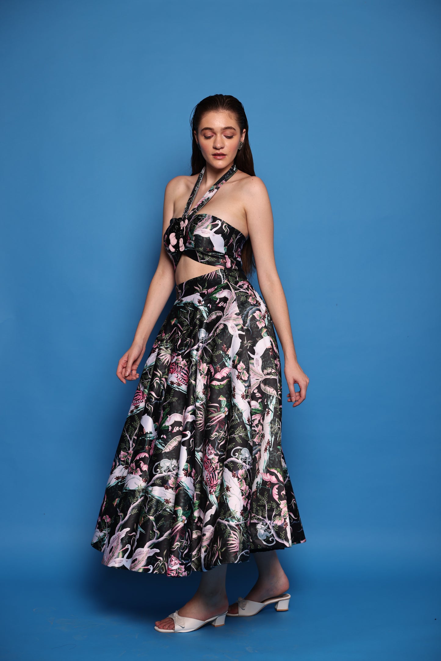 Elise - Co-ord set with Halter neck top with 3D flower detailing and tea length skirt